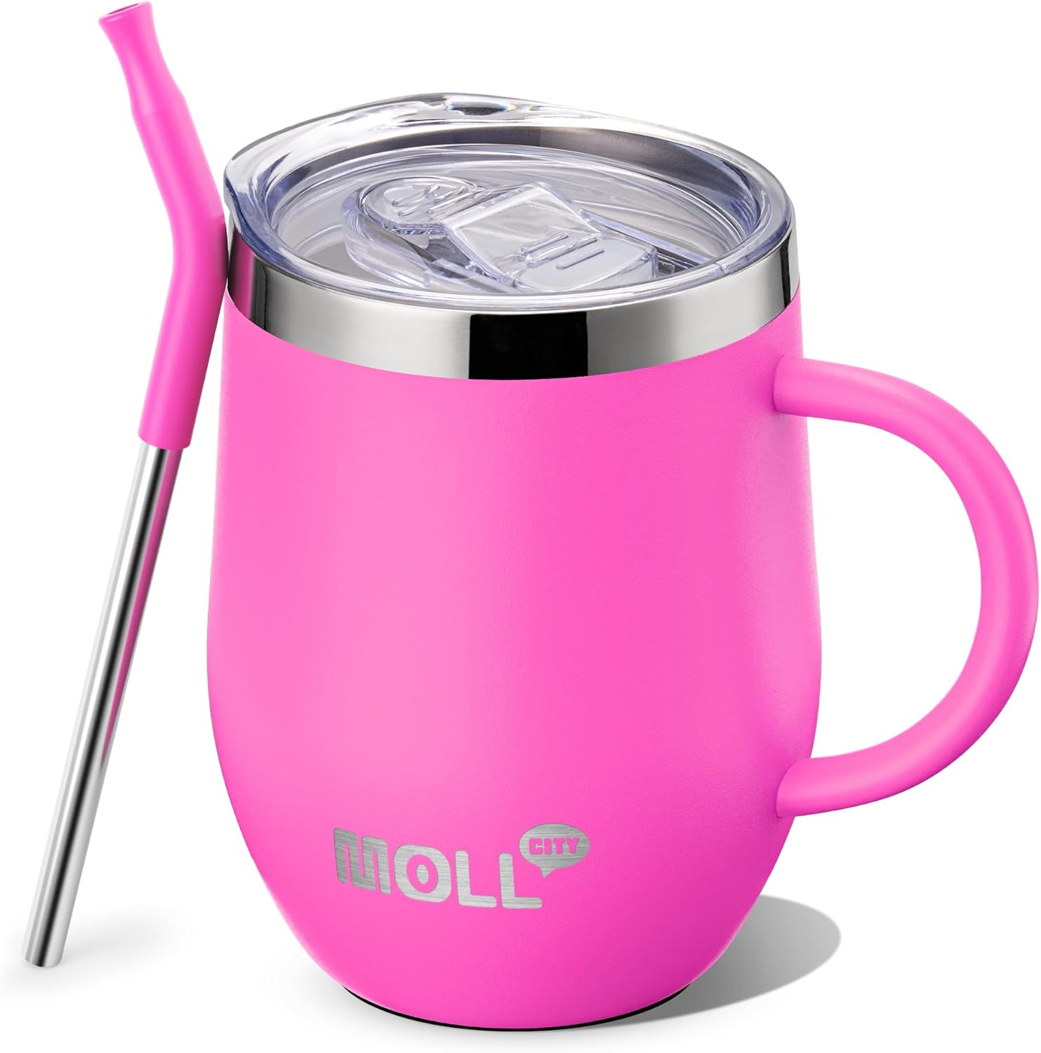 Kids Tumbler with Handle 12 oz Insulated Cup with Leak Proof Lids and Straws-Reusable Stainless Steel Vacuum Tumbler with Silicone Pad, BPA Free (Hot Pink)