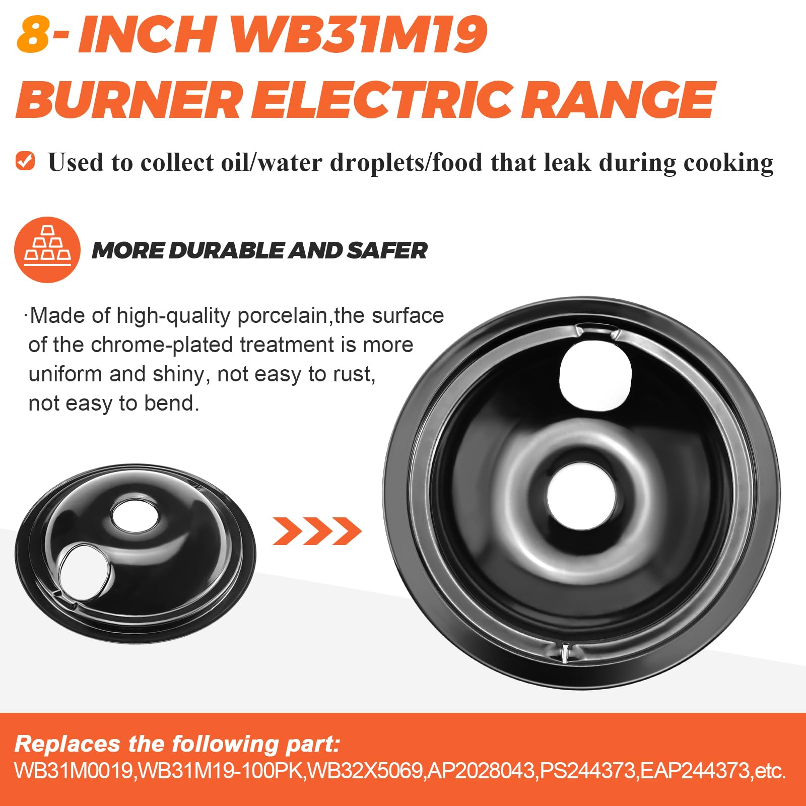 Beaquicy WB31M19 WB31M20 - Juego de 4 bandejas de goteo para quemador GE Hotpoint, incluye (2) sartenes de goteo de estufa eléctrica de 6 pulgadas y (2) 8 pulgadas, porcelana negra