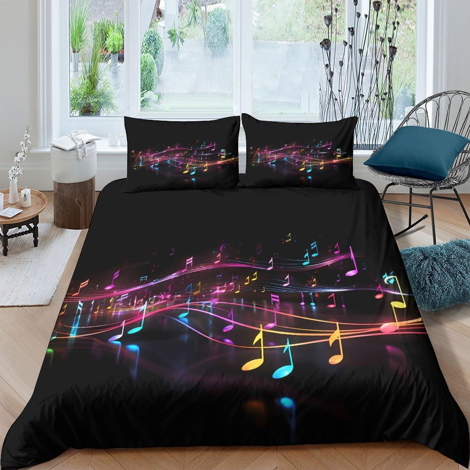 Ctjqhvkz Style-3 3D Printed Neon Music Notes Fitted Sheet Microfiber Soft Anti-Slip Bed Cover Rainbow Melody For Bedroom Dorm Decor Single（135X200cm）