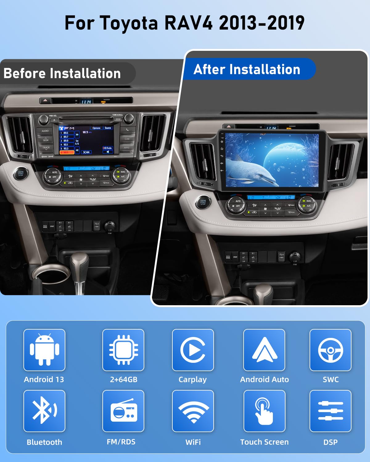 2G+64G Android Autoradio per Toyota RAV4 2013-2019 - Senza fili Carplay e Android Auto - 10.1 pollici Android Stereo con WiFi EQ GPS Mirror Link FM RDS + Telecamera posteriore
