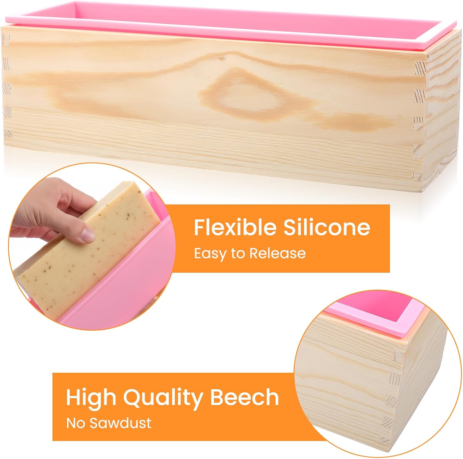 2 Pcs Rectangular Loaf Soap Molds Kit with Wooden Box, 42oz Flexible Silicone Mold, Stainless Steel Wavy & Straight Slicer Cutter for DIY Soap Making, Pink and Purple