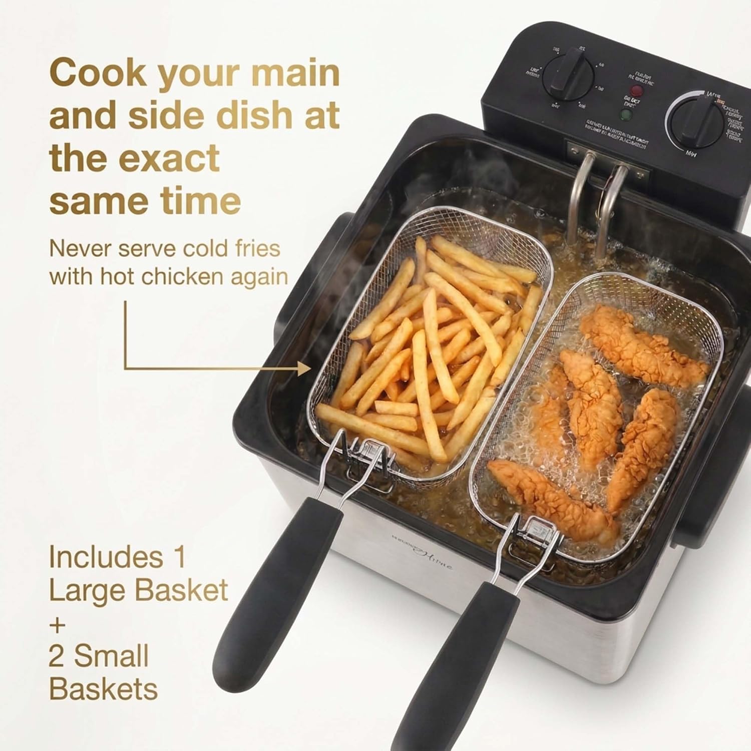 MAGNAVOX HOME 4.7 QT Stainless Steel Deep Fryer with 3 Frying Baskets, Viewing Window Lid, Adjustable Temperature and Timer, Removable Oil Pot, 1800W Electric Deep Fryer