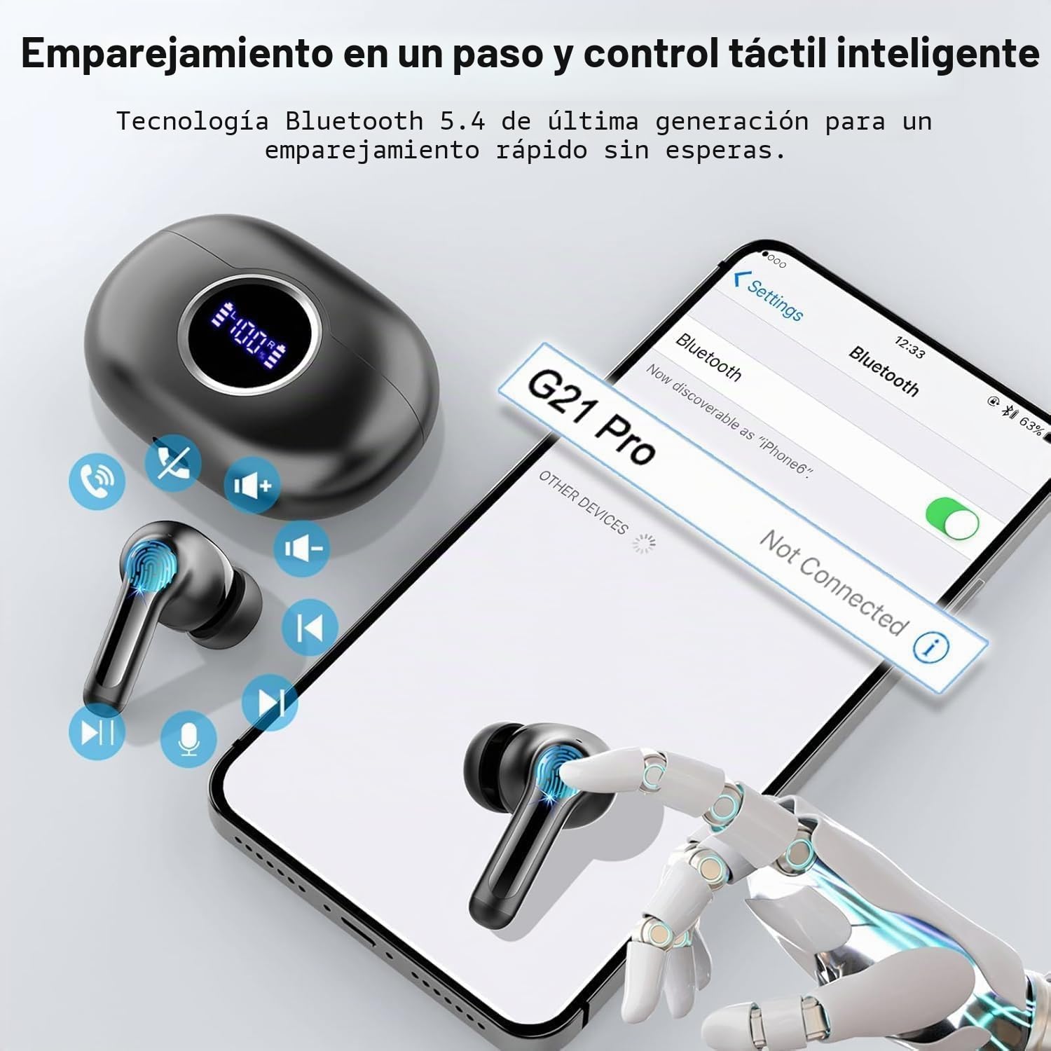 Auriculares Inalambricos, Auriculares Bluetooth 5.4 con 3D Hi-Fi Estéreo, Auriculares in Ear con 4 ENC Cancelación Ruido Mic, 36 horas LED Display, IP7 Impermeables Auriculares Bluetooth,USB-C Rápido