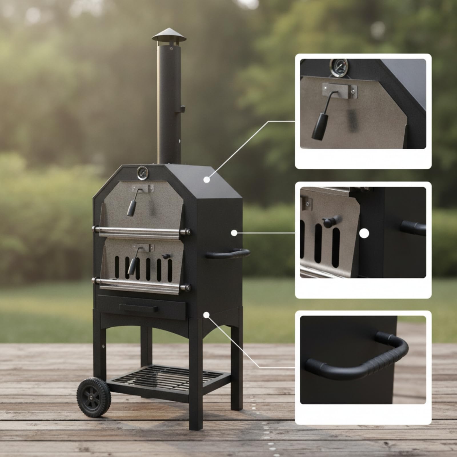 Barbecue a Carbone Outdoor Griglia Affumicatore Forno Cottura Verticale Struttura in Metallo Acciaio Inossidabile con Manico Ruota Ripiano Adatto per Cortile Patio Picnic 66x52.5x158.5cm