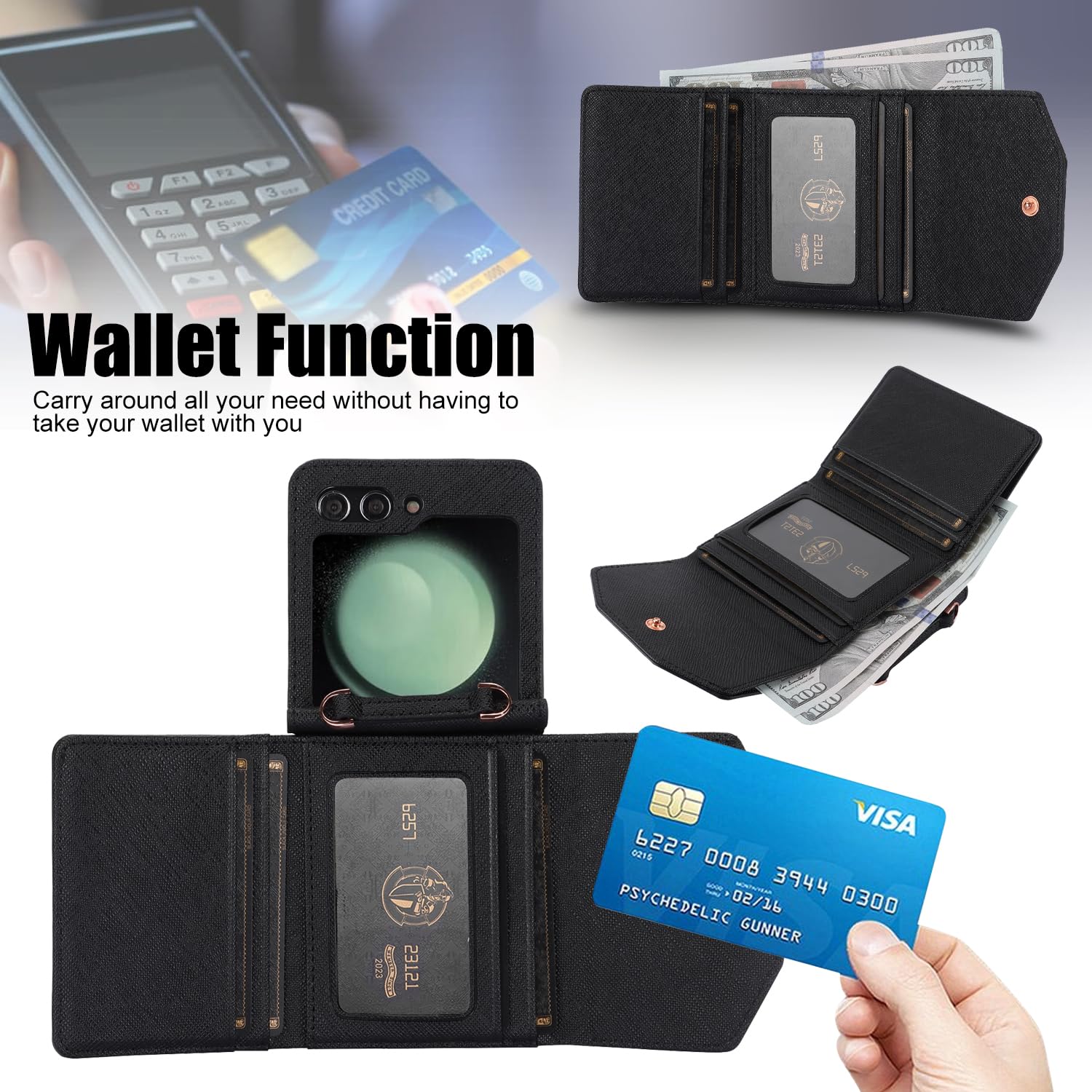 XIMAND for Samsung Galaxy Z Flip 5 Wallet Case with Built-in Leather Cash Slot and Credit Card Holder. Wristlet Strap and Hinge Protection, Carrying Handbag Phone Case for Women Ladies.(Black)