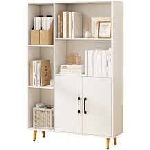 SFAREST Wooden Storage Bookcase, Free Standing Tall Cupboard with Doors & Open Shelves, Home Office Display Cabinet Bookshelf for Living Room Dinning Bedroom HallwayWhite,80 x 23 x 119cm