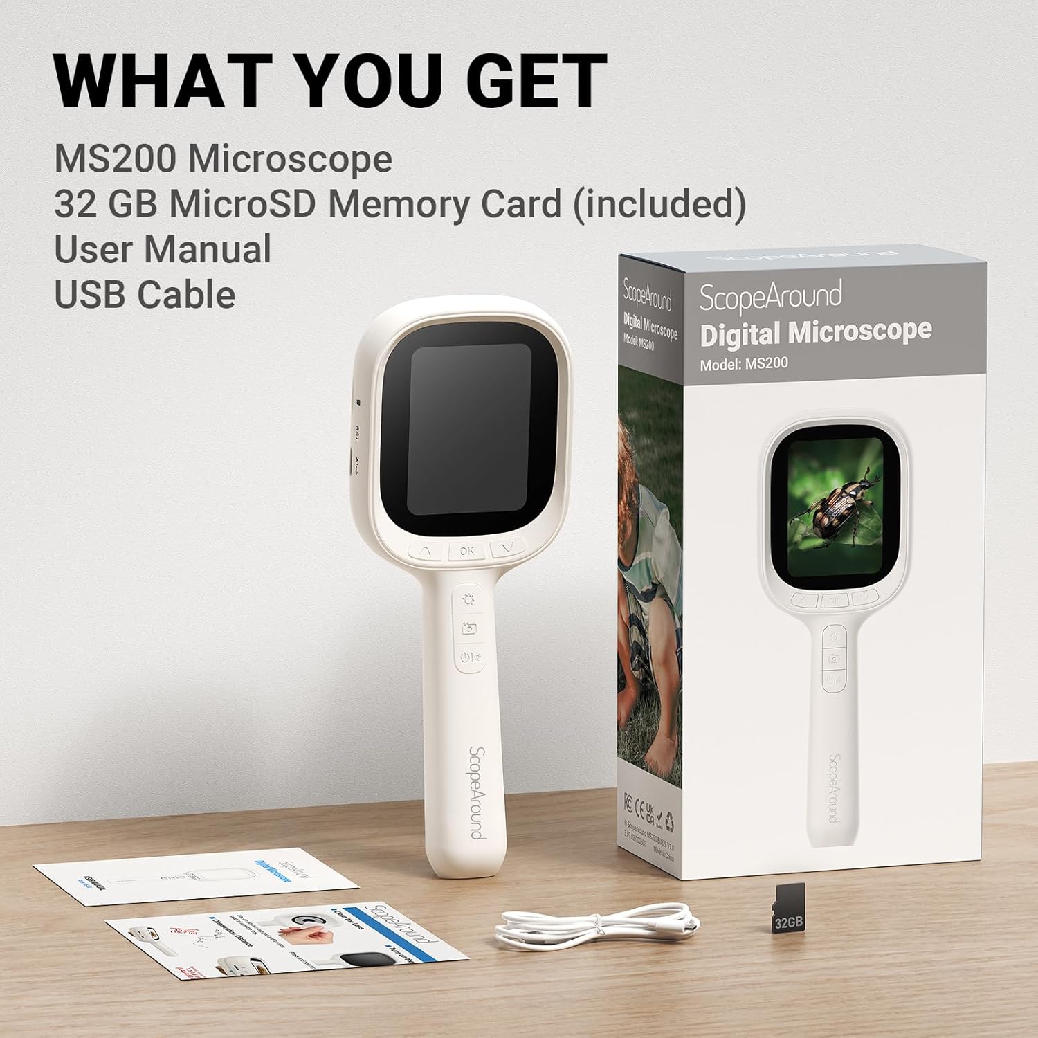 ScopeAround Digital Microscope, Autofocus Handheld Microscope, Magnifier with 2.8" IPS Screen and LEDs, Portable Magnifying Glass, 32 GB MicroSD Memory Card, Compatible with Mac/Windows