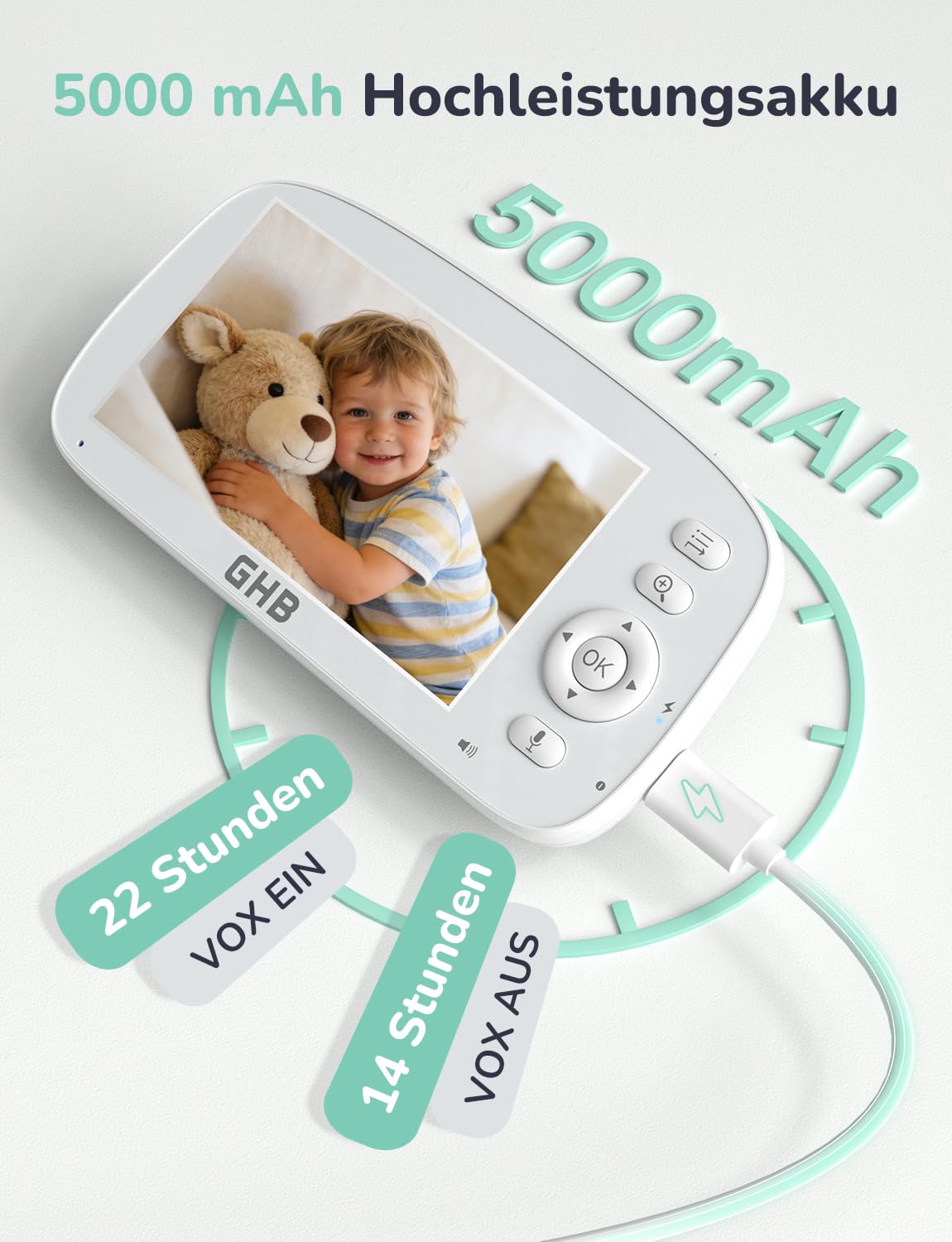 GHB Babyphone mit Kamera 5 Zoll 720P HD Kamera IPS Display mit 5000mAh Akku 4X Zoom 2-Bildschirm-Split Pan/Tilt 350°/110° Nachtsicht Wiegenlied