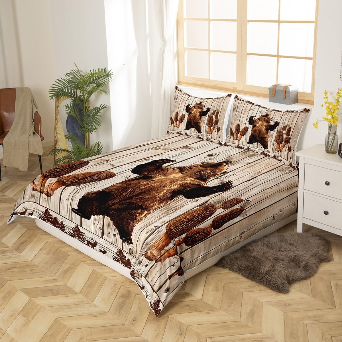 Castle Fairy Bear Print Duvet Cover Set Toddler Size,Wild Animals Bedding Set for Kids Boys Girls Room Decor,Vintage Wood Farmhouse Comforter Cover,Bear Quilt Cover with 1 Pillowcase(No Comforter)