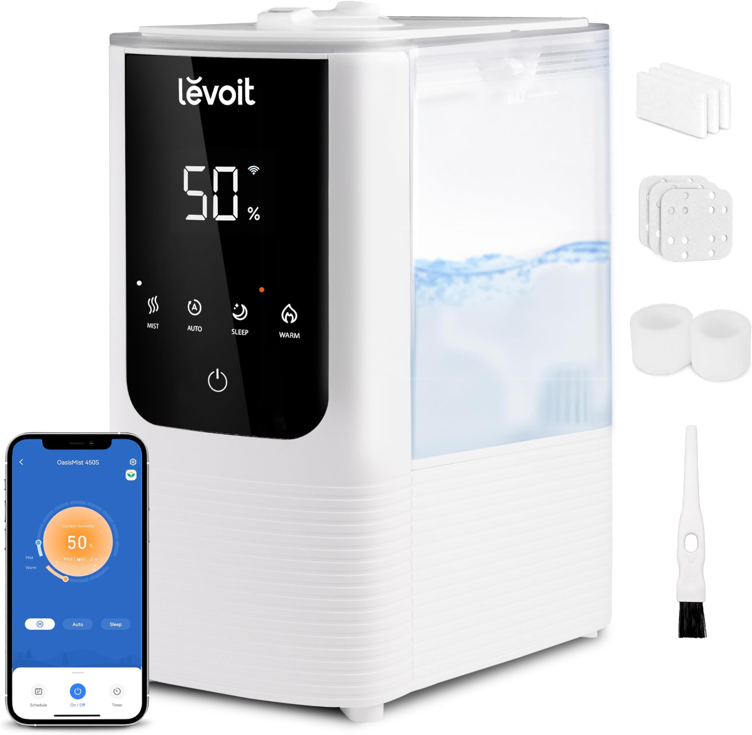- LEVOIT Humidifiers for Bedroom Home, Smart Warm and Cool Mist Air Humidifier for Large Room, Auto Customized Humidity, Fast Symptom Relief, Easy Top Fill, Essential Oil, Quiet, OasisMist4.5L, White