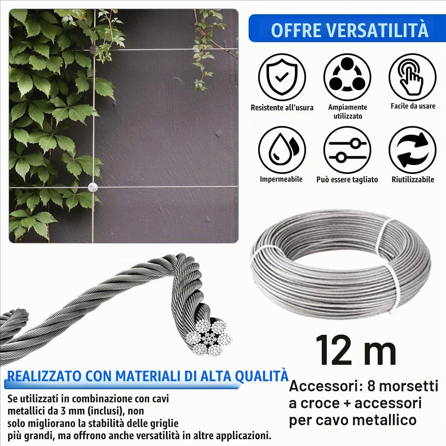 Supporto Per Piante Rampicanti In Acciaio Inox,Sistema Professionale Completo,Include Staffe Da Parete e Cavo Acciaio 3mm (8 Staffe,12 Metri Di Cavo) Stativi In Acciaio Inox Per Piante Rampicanti