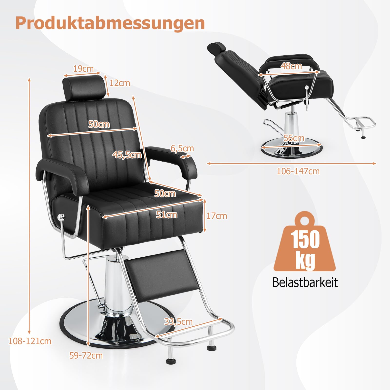 COSTWAY Friseurstuhl mit Kopfstütze & Rückenlehne, Hydraulikpumpe, Salonstuhl höhenverstellbar, Friseursessel 360° Drehung, Bedienungsstuhl belastbar bis 150kg