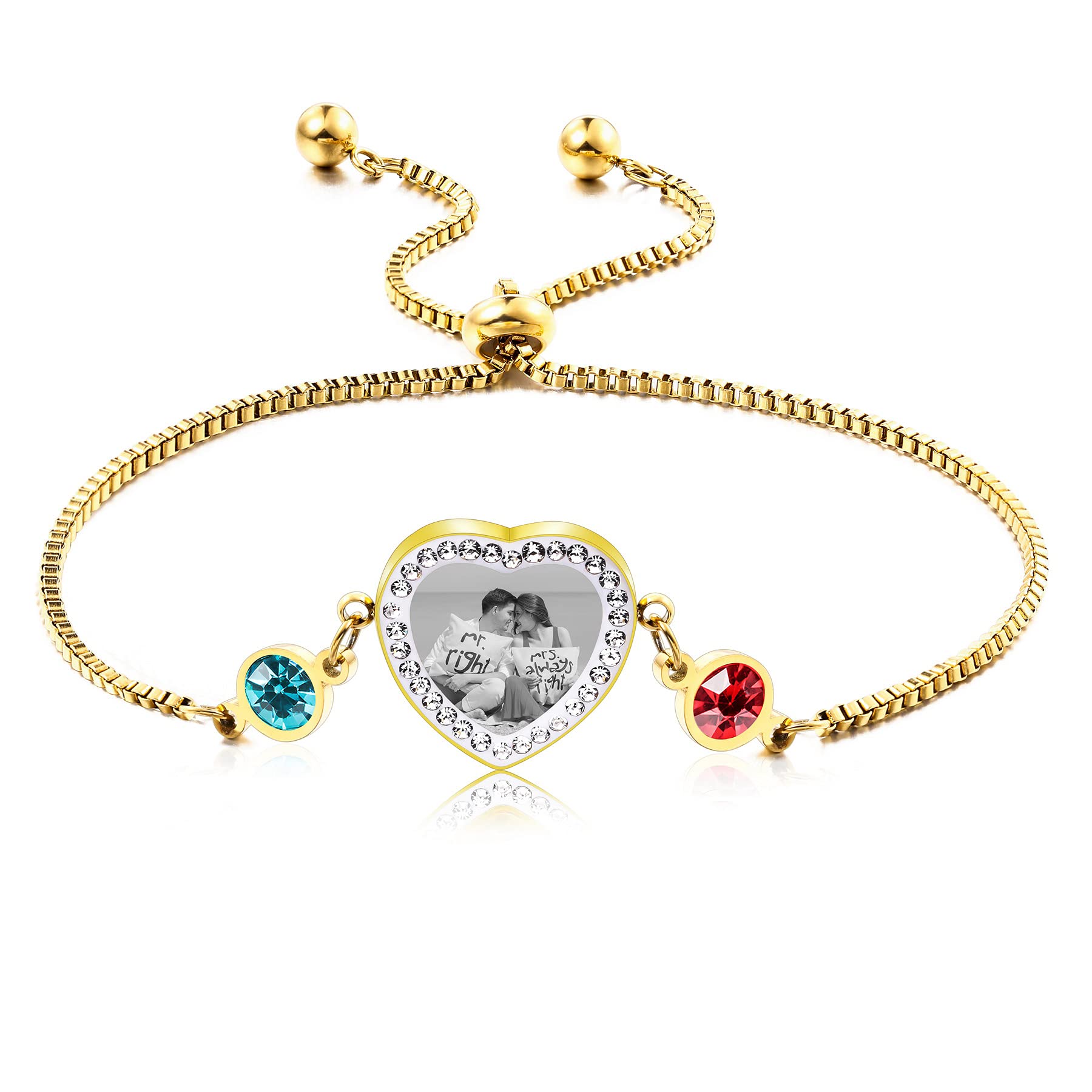 MeMeDIY Personalized Photo Heart Shaped Bracelets with 1-2 Birthstones Engraved Text Adjustable Box Chain Stainless Steel Bracelets for Women Girl Mother Jewelry Gift