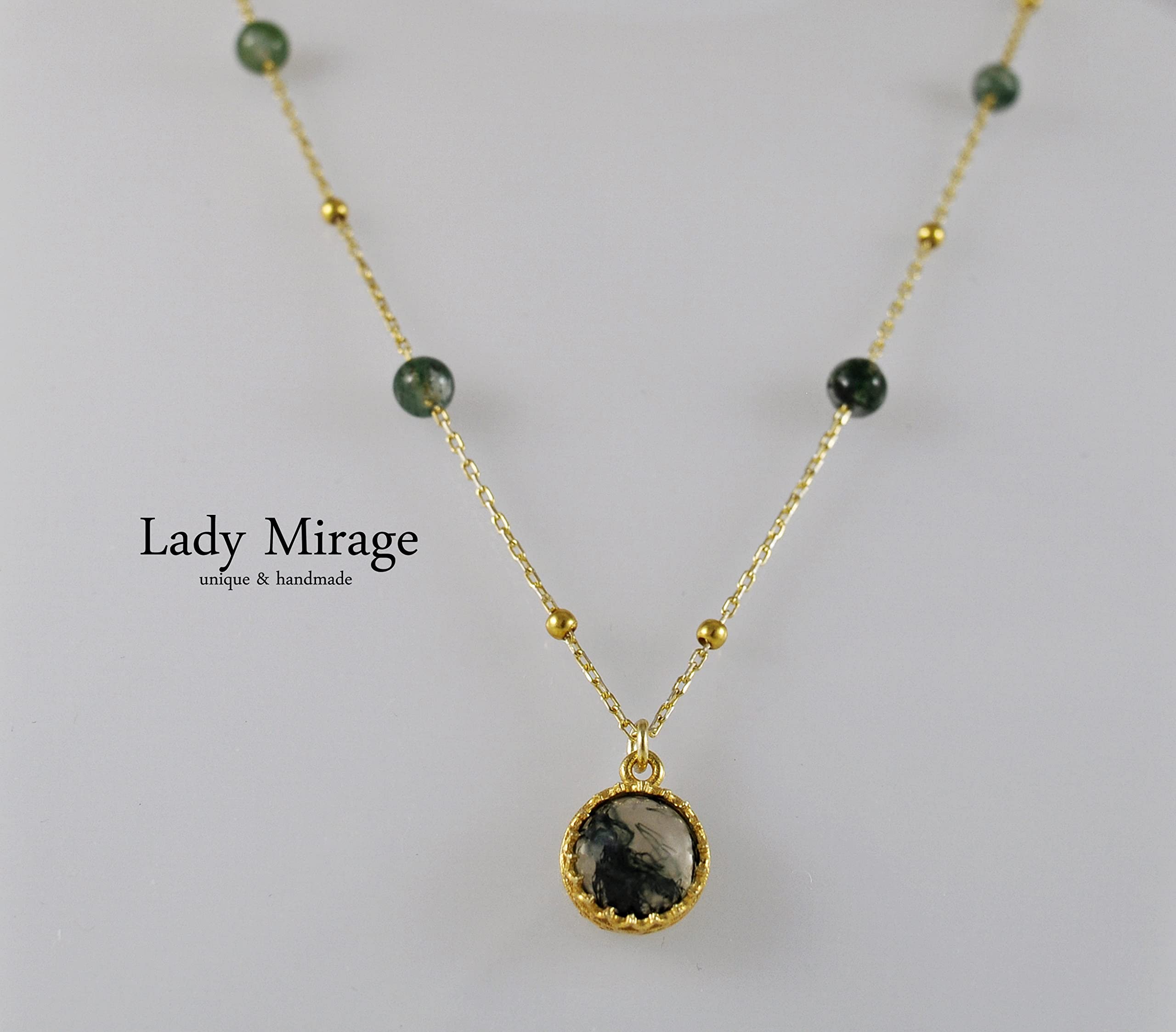 Goldkette Damen 925 - Moosachat - Kette - Halskette Damen - Geburtstag - Vergoldete Kette 45 cm - Geschenk für Sie - Schmuck Geschenk - Handmade