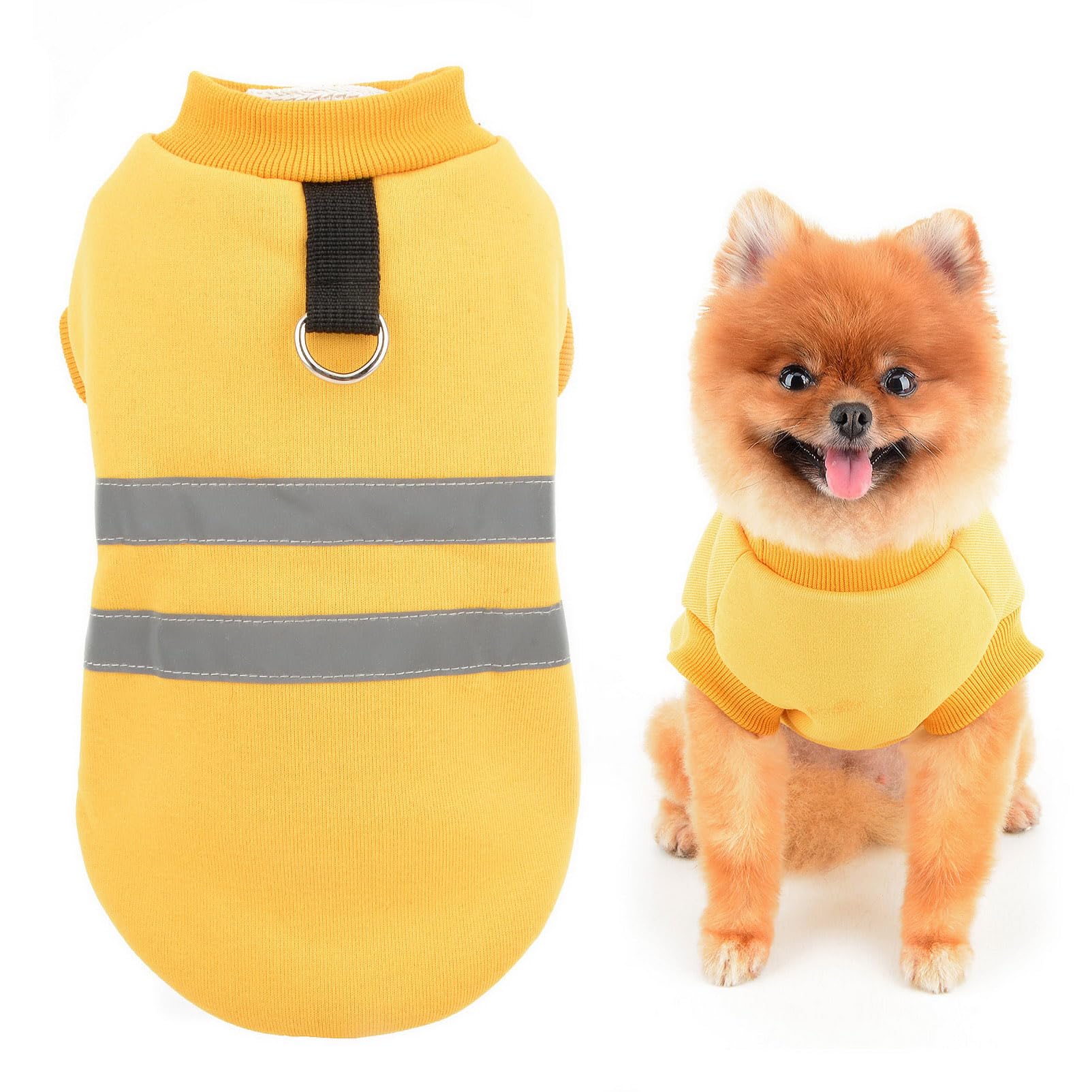 SMALLLEE_LUCKY_STORE Fleece Dog Sweater for Small Dog, Reflective Pet Pullover Vest with D-ring, Solid Puppy Sweatshirt Warm Winter Fall Clothes Chihuahua Yorkie Cat Apparel, Yellow, XS