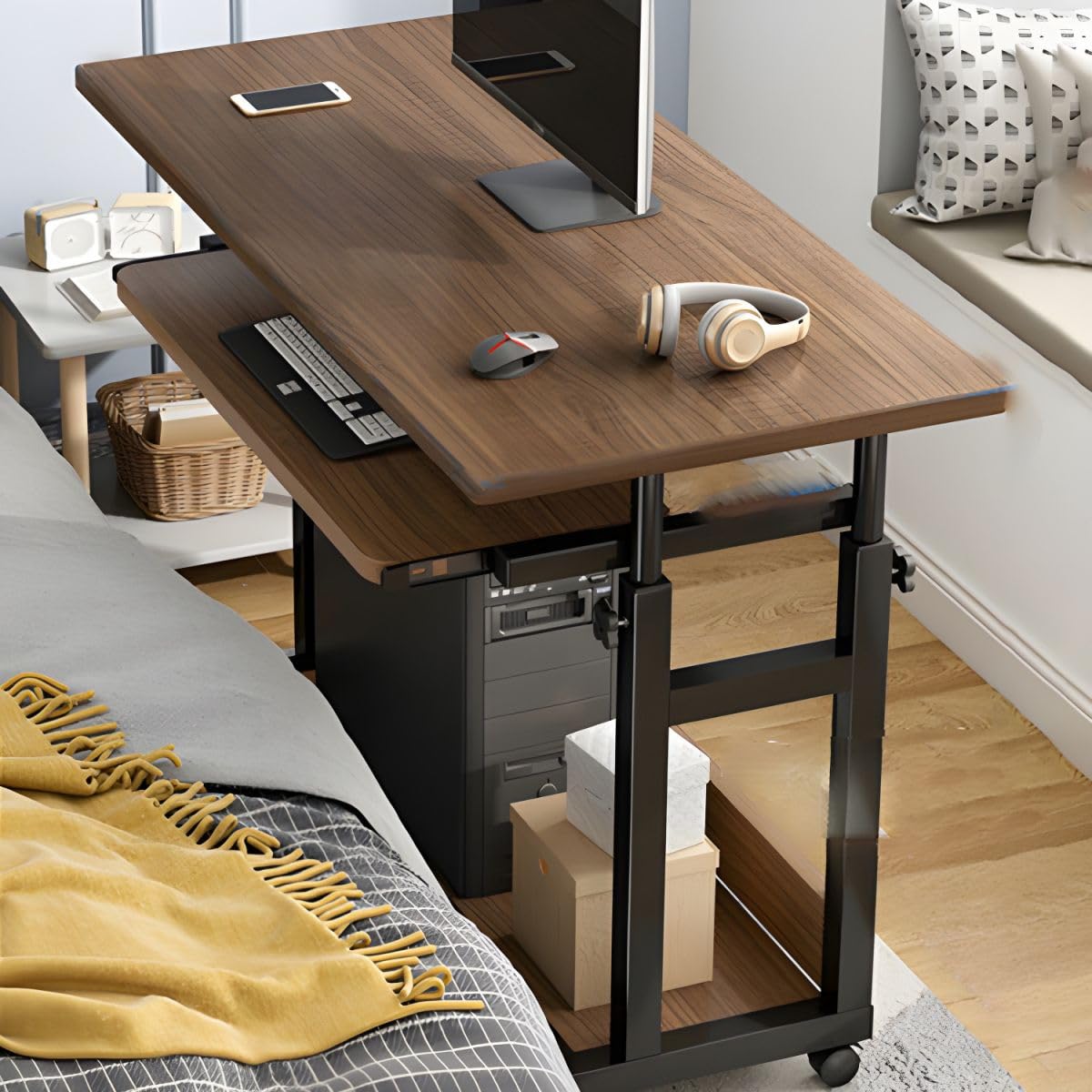 KWOKING 27" H Office Desk Wooden Writing Desk with Caster Wheels Live Broadcast Table Computer Desktop Table Mobile Table Can be Raised and Lowered