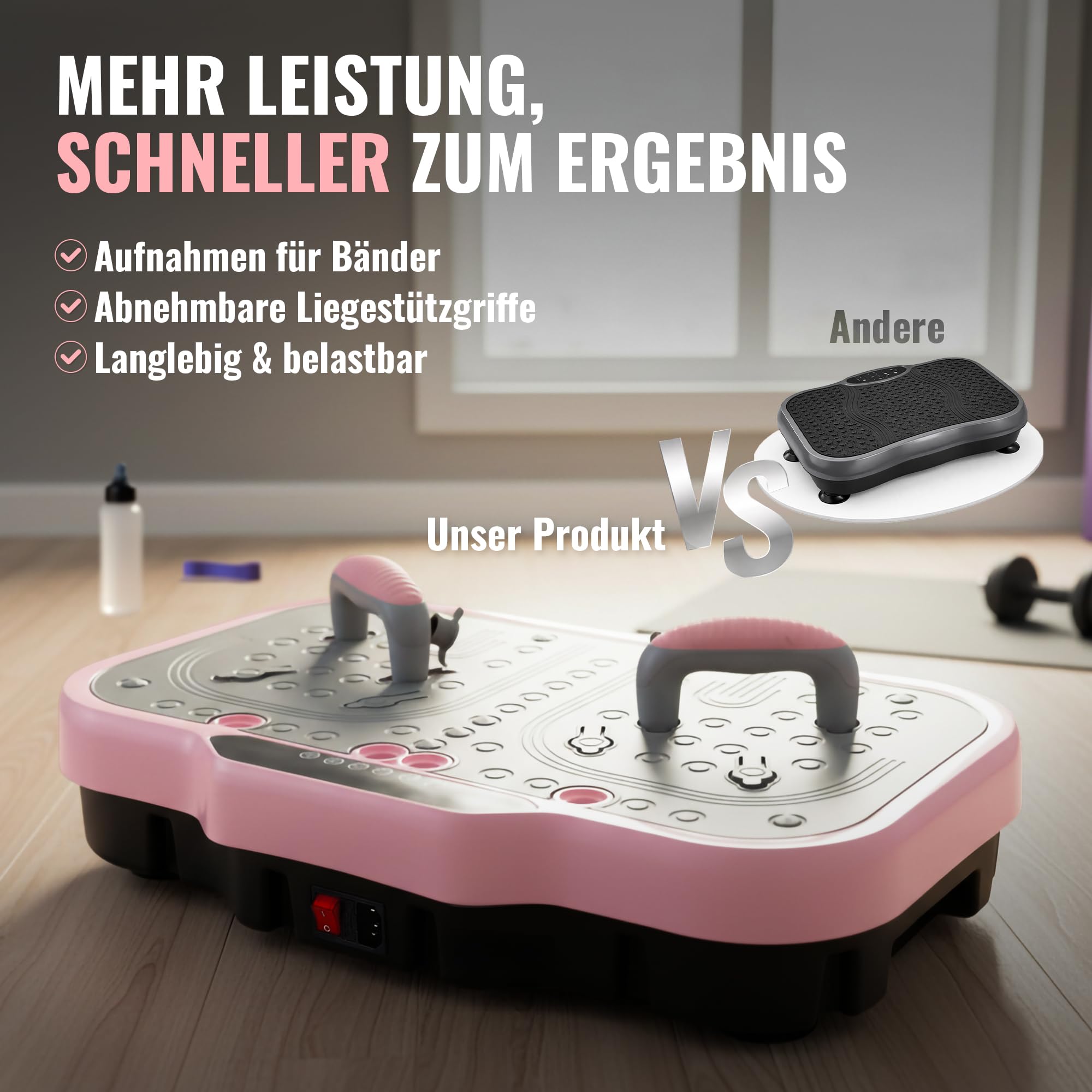 Vibrationsplatte für Körpertraining & Fußmassage mit Liegestützgriffen - Massagegerät mit 200 Stufen, Bluetooth & LED Display, Balance Board incl. Fernbedienung & Bändern für Fitness