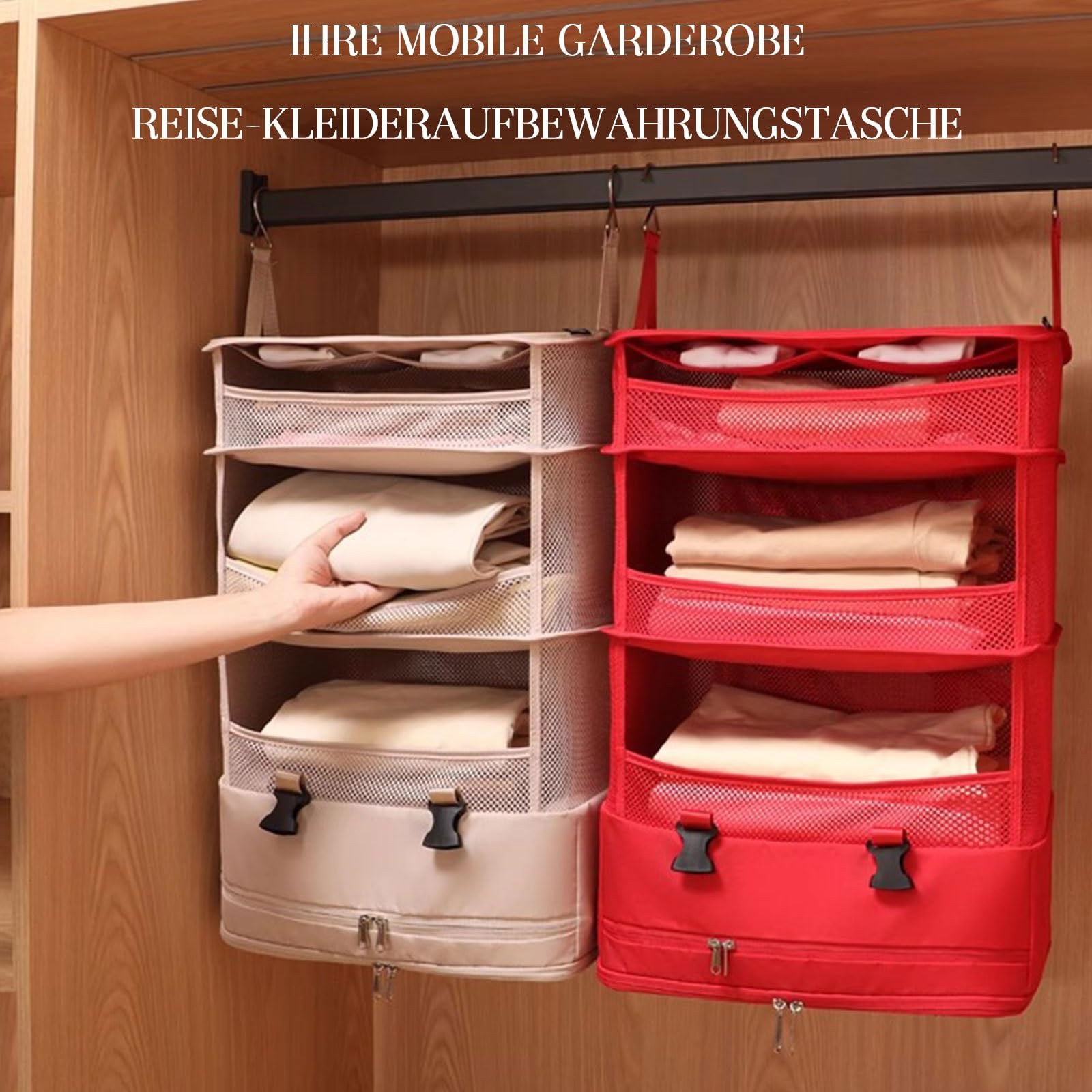 Organisateur Armoire Suspendu Pliable, Étagères De Rangement Penderie en Tissu Oxford avec Poignées, Cadre Acier, Respirant Gain De Place pour Maison, Caravane, Camping(Rot)