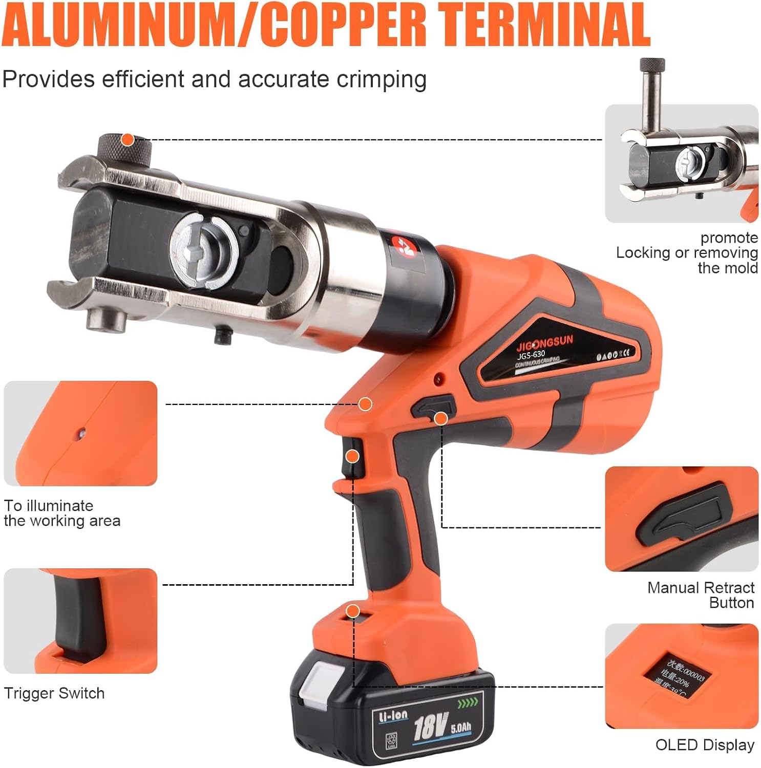20 Ton Electric Hydraulic Crimping Tool, Battery Powered with 6AWG to 1300MCM Die Set, for Battery Cable, Lug Crimping Tool for Terminal, Rechargeable, Cordless