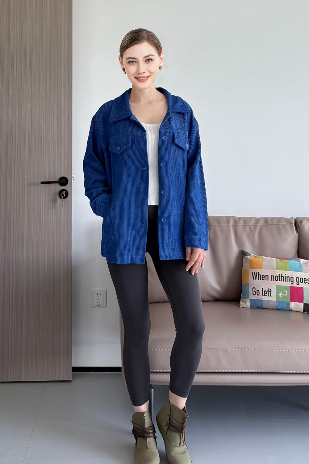 Minibee Women's Corduroy Jacket Long Sleeve Shacket Button Down Shirts Casual Coats Tops with Side Pockets - Image 2