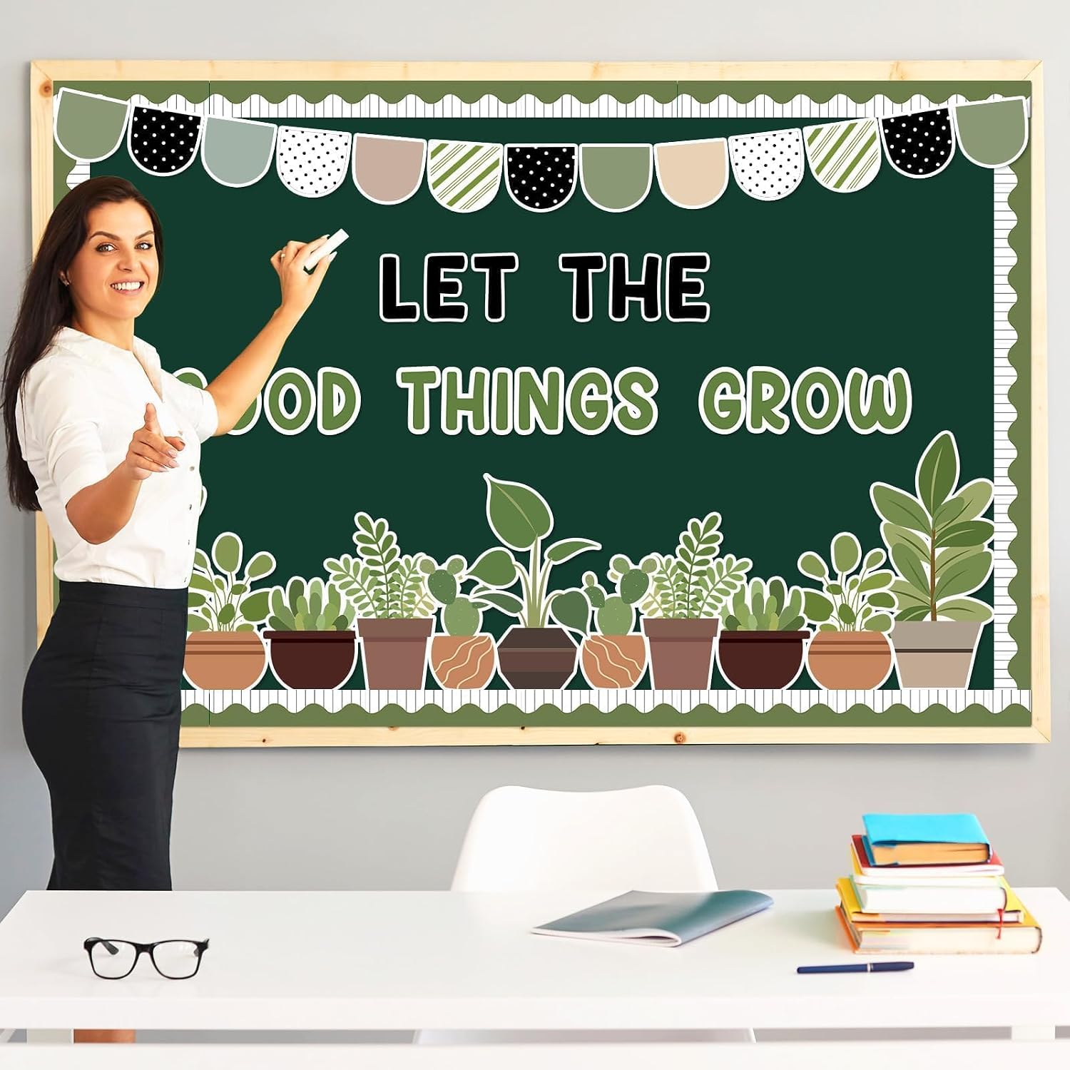 ZOiiWA Summer Potted Plant Bulletin Board Set Summer Greenery Classroom Bulletin Board Decoration Motivational Plant Cutouts Let The Good Things Grow Paper Cutouts Kit for School Home Office Decor