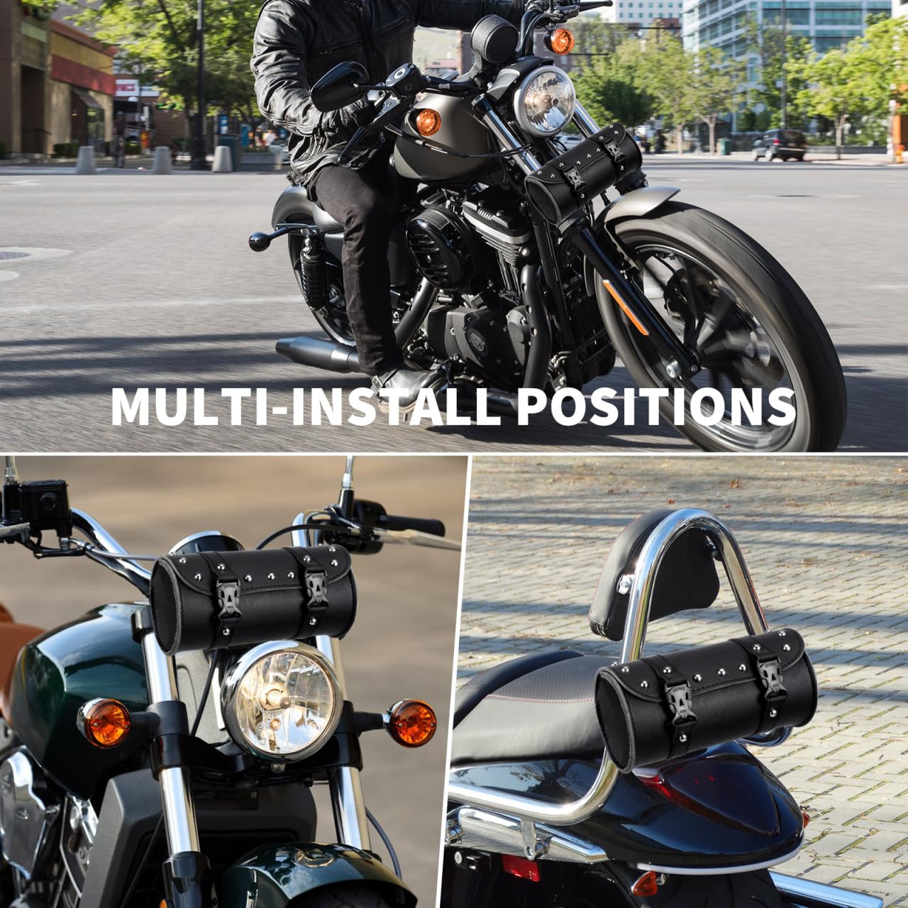 LIOOBO Runde Motorrad Werkzeugrolle aus PU Leder, wasserdichte Satteltasche Universal für Motorrad & Fahrrad, Kleine Werkzeugtasche mit 2 Riemen für Heck, Lenker & Rahmen