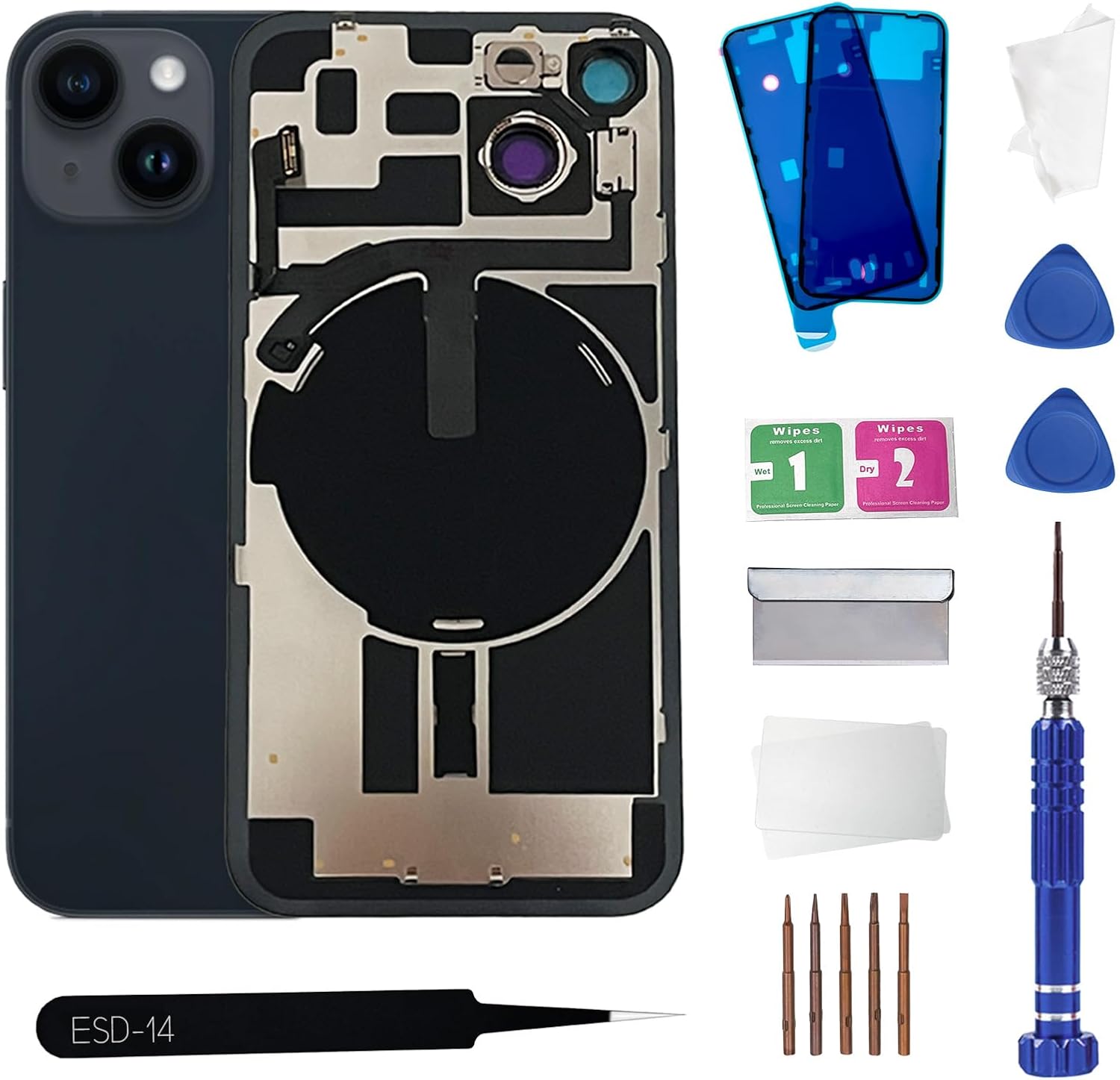 14 Back Glass Replacement with Wireless Charging Flex Cable and Camera Frame All Parts for iPhone 14 (6.1 Inch,Midnight) Replacement of Equipment Waterproof Tape