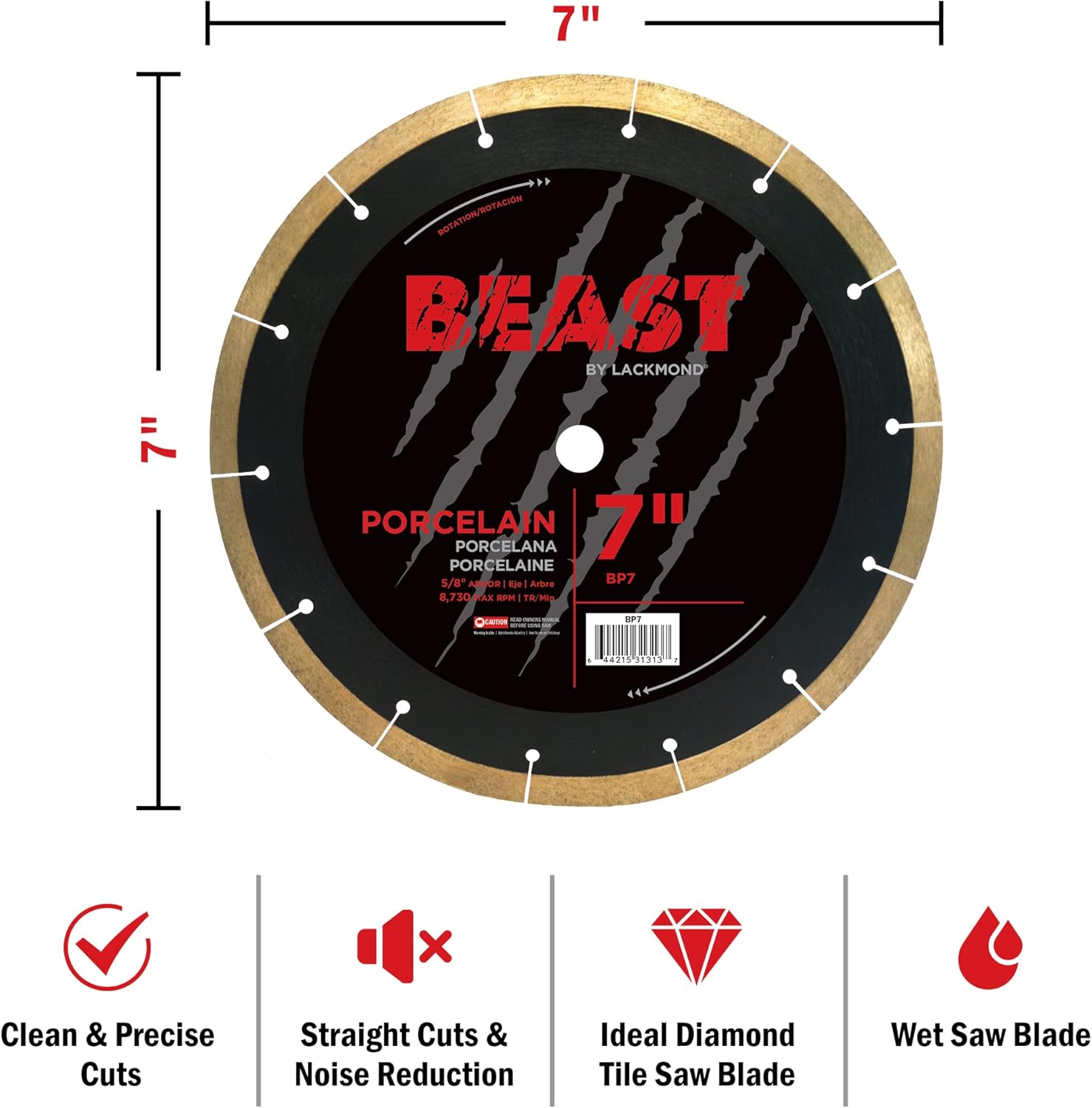 Beast Pro Porcelain Saw Blade - 7" Hard Tile Cutting Tool with Thin Kerf Cutting Edge & 5/8" Arbor - BP7
