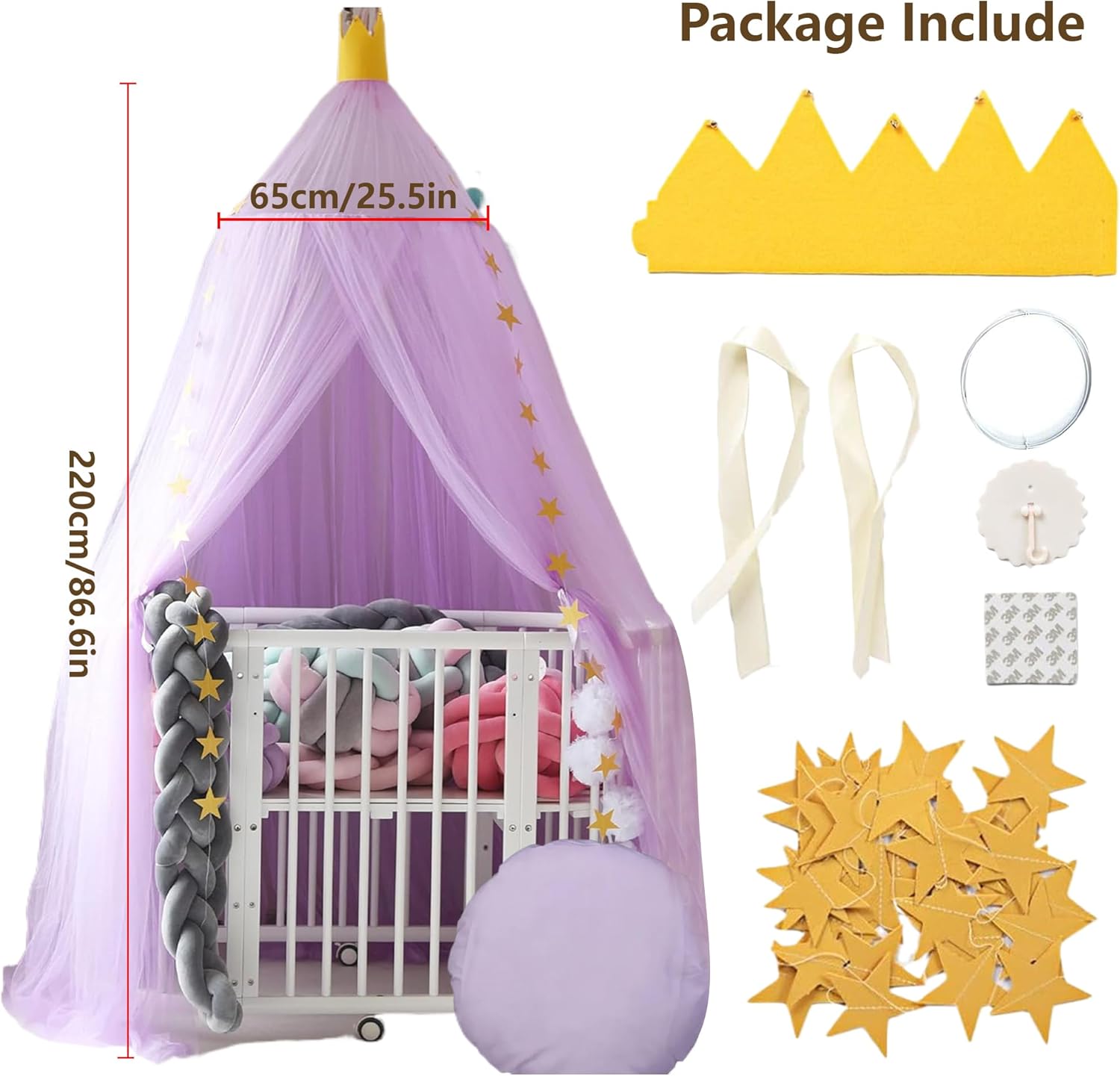 Kids Bed Canopy with Stars:Breathable Canopy Bed Curtains,Hanging Net Crown Bed Tent,Princess Room Decor for Kid's Room,Nursery,Reading Nook (White)