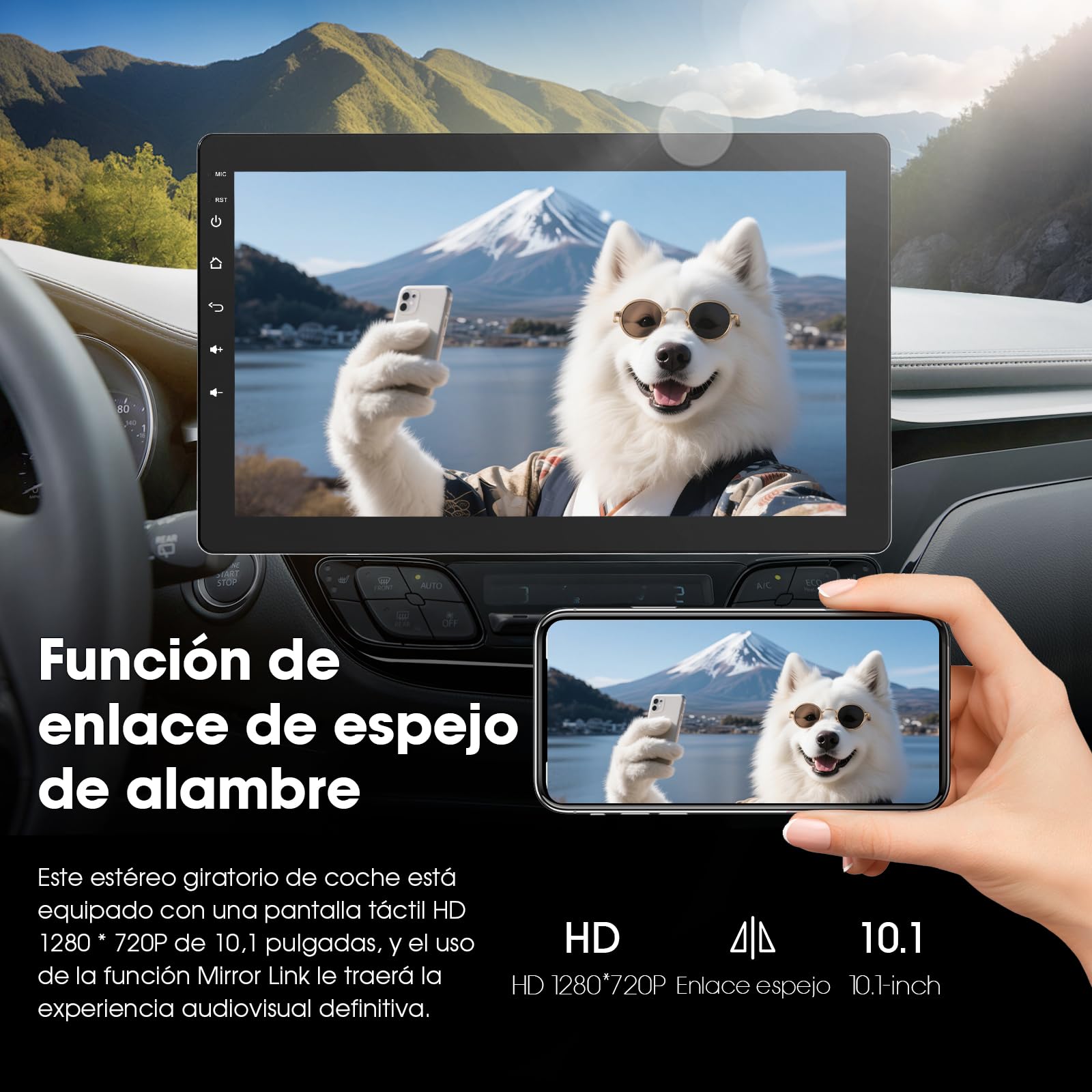 Haudio Radio de Coche Giratoria 360°, Estéreo Bluetooth 1 DIN Carplay Inalámbrico y Android Auto, Pantalla IPS de 10.1 Pulgadas Car Play con Mirror Link,Control por Voz,RDS/FM/Am, Cámara Trasera 720P