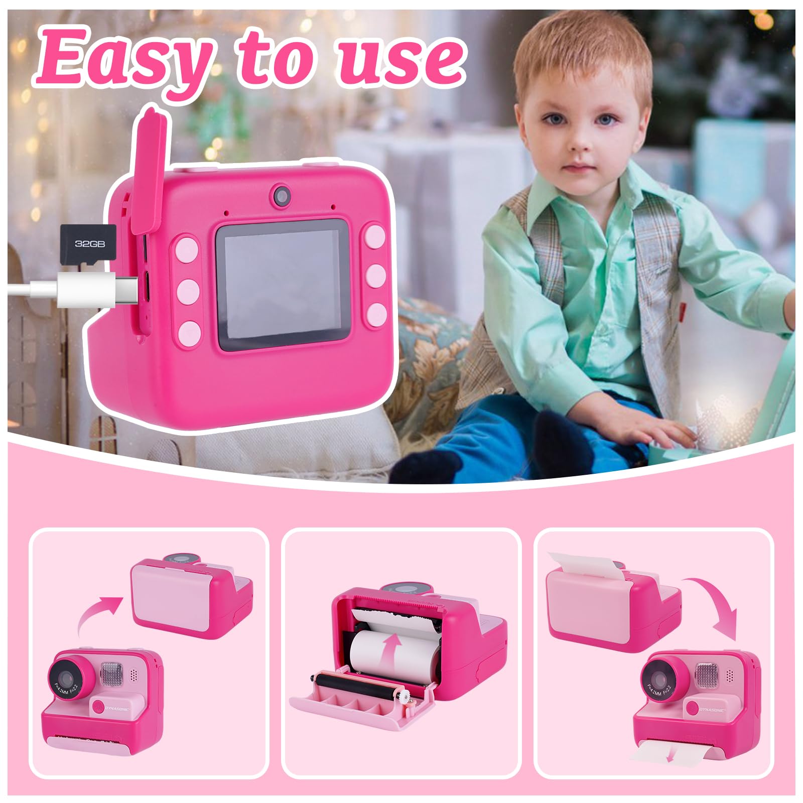 Cámara Infantil instantánea DYNASONIC (2ª Generación). Camara de Fotos Digital y Video para niños. 48MP. 2,5k UHD. Incluido Tarjeta SD 32GB, Regalo para niños y niñas de 3 a 14 años