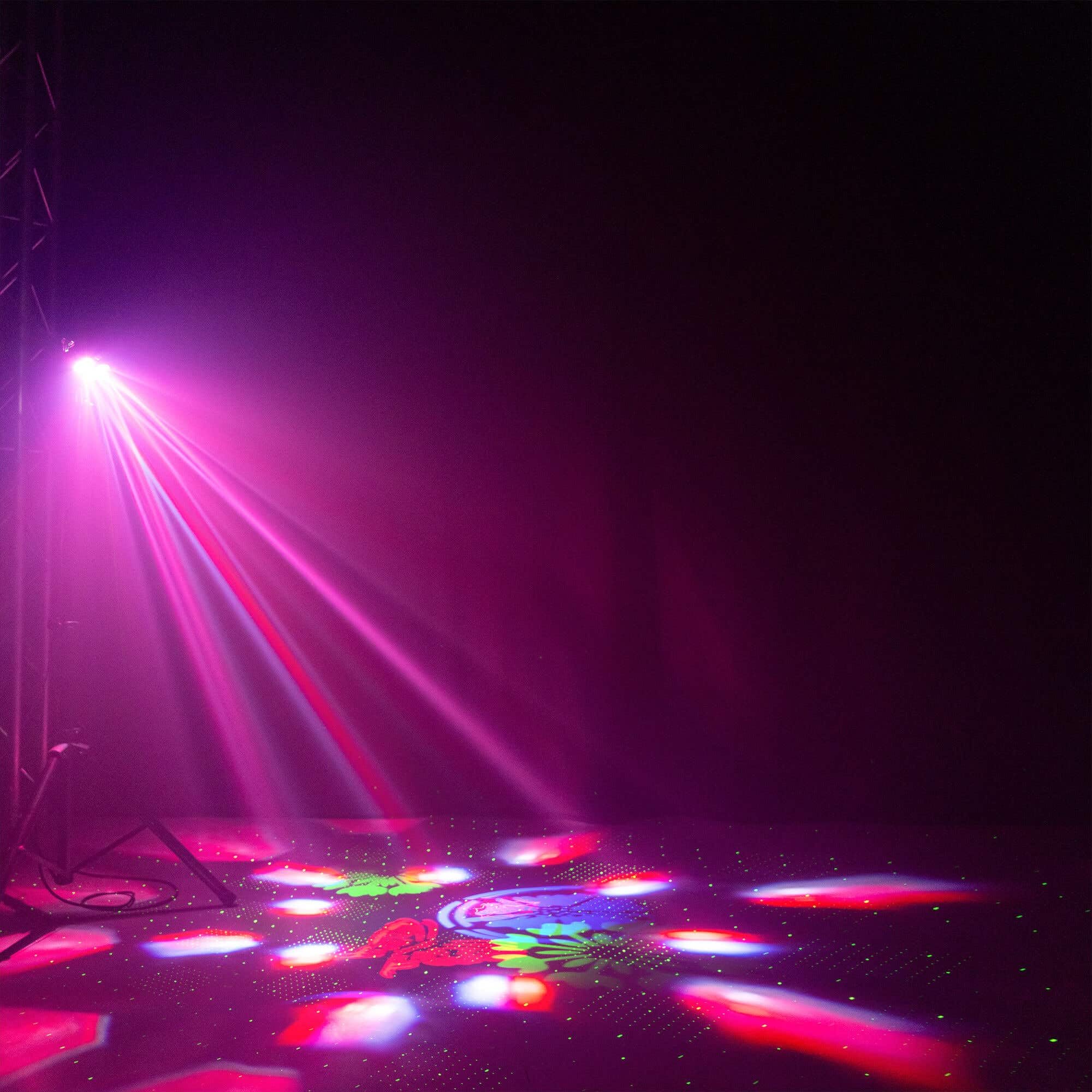 Fuzzix Stellar2 Jeu de Lumière LED Triple Effet, Derby RGBW, Gobo Rotatif & Stroboscope, Télécommande Incluse, Modes Auto & Musical, Éclairage DJ, Bars, Clubs et Événements Festifs