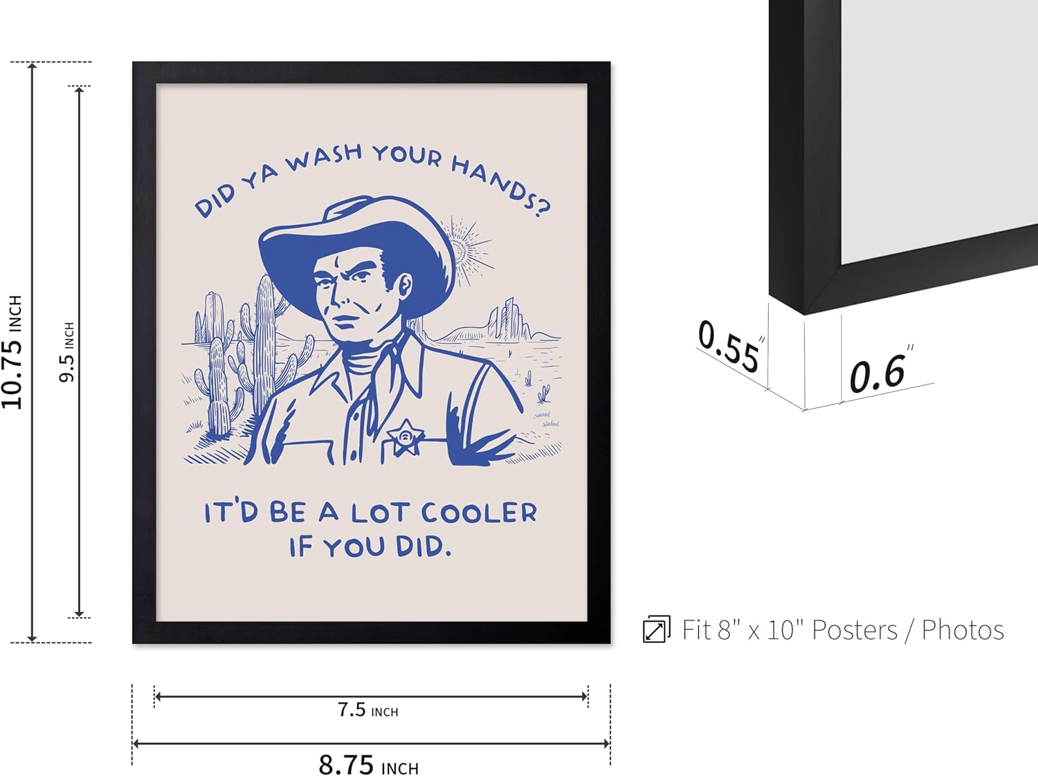 Poster Master Blue Did Ya Wash Your Hands Poster - Retro Cowboy Print - Western Art - Trendy Art - Humorous Bathroom Wall Decor - Funny Guest Bath Decor - Powder Room Decor, 8x10 Black Framed