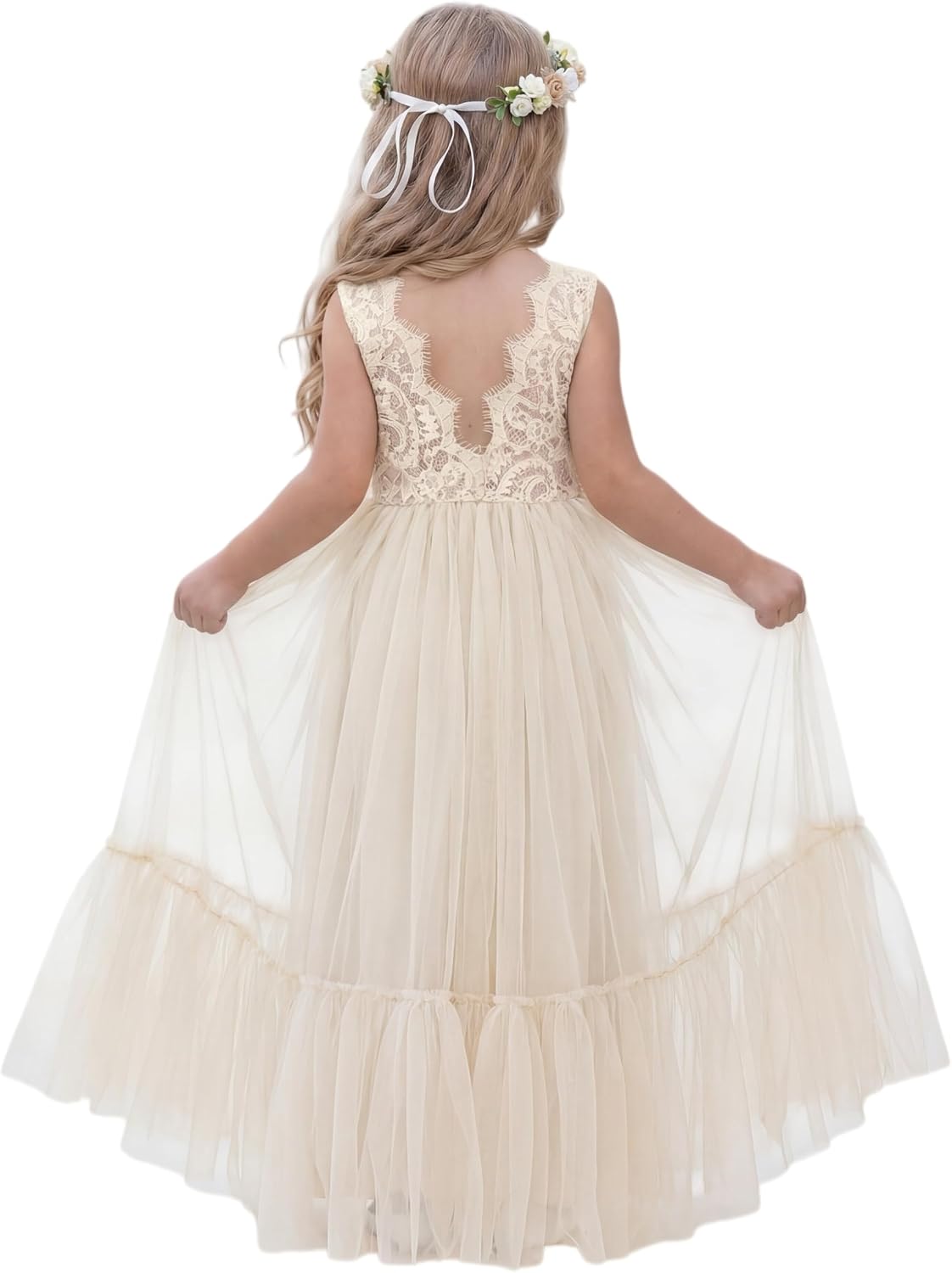 LalaMira Flower Girl Dress Lace/Tulle Boho Toddler Dresses Ruffle Girl Dress for Wedding Garden Party Communion Beach