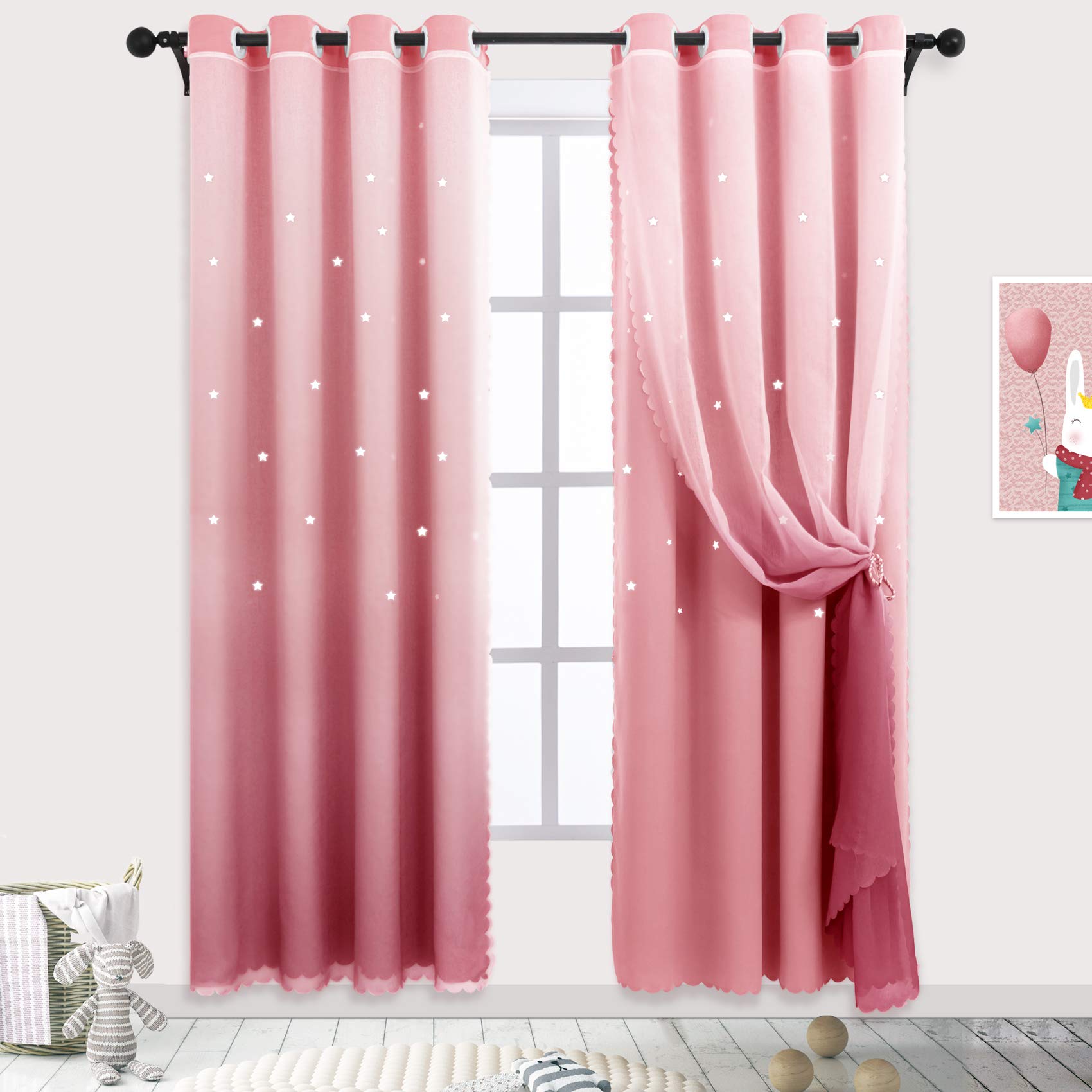 Hughapy Star Curtains Ombre Curtain for Kids Girls Bedroom - Tulle Overlay Star Cut Out Curtains Mix and Match Curtains for Living Room, Room Darkening Window Curtains, 1 Panel - (42W x 63L, Pink)