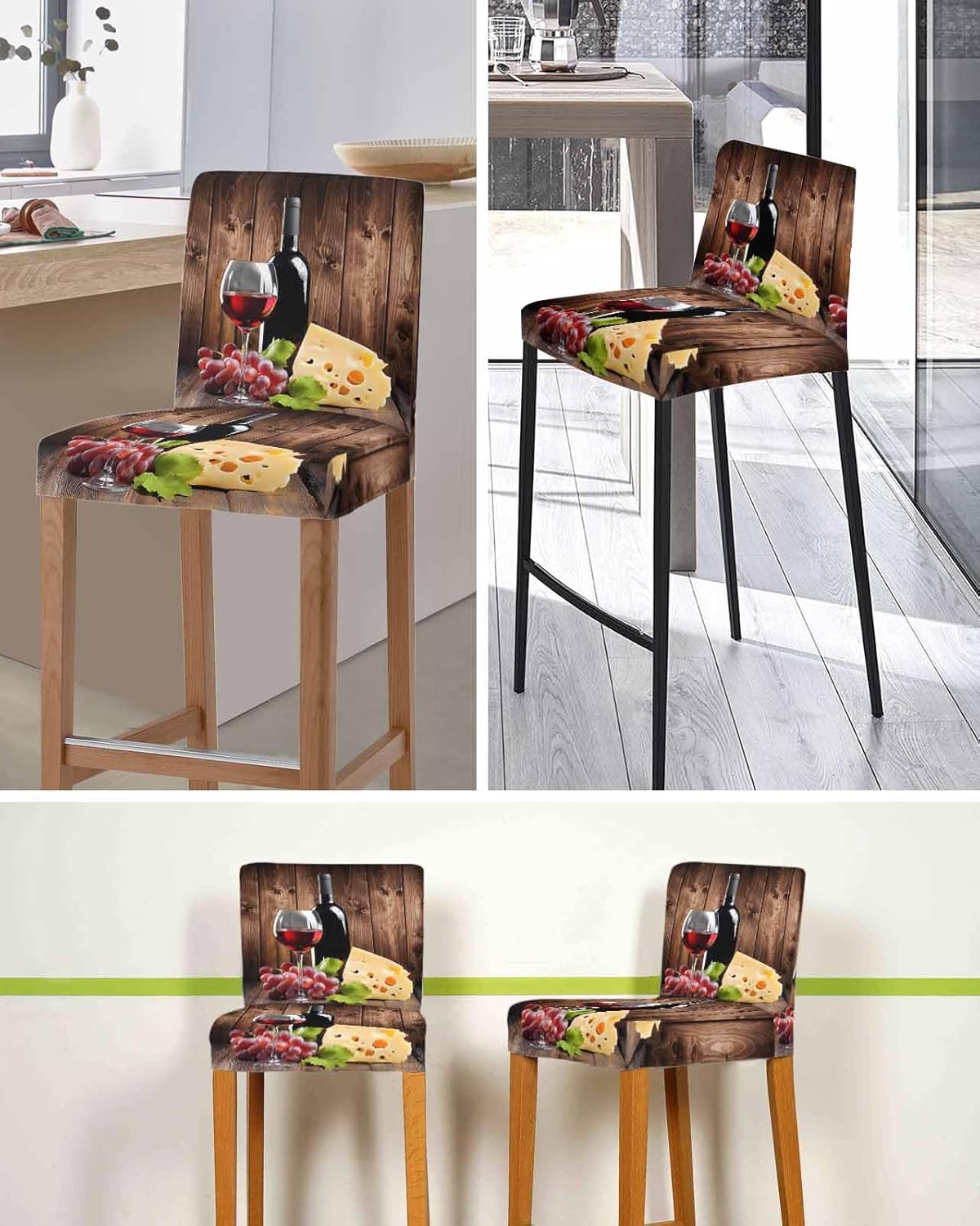 Stretch Bar Stool Chair Seat Covers Set of 2, Wine Cheese Removable Washable Chair Covers Stool Cover, Grapes Farmhouse Brown Wooden Plank Dining Chairs Cushion Slipcovers for Kitchen Pub Cafe