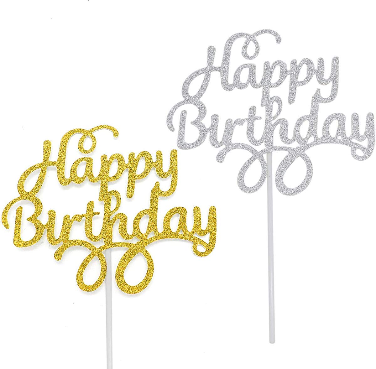 DELFINO Happy Birthday Cake Topper, Silver Glitter Gold Cake Decoration Supplies, Double-Sided Glitter Acrylic Cupcake Toppers, Birthday Party Cake Decorations Supplies, 12 PCS