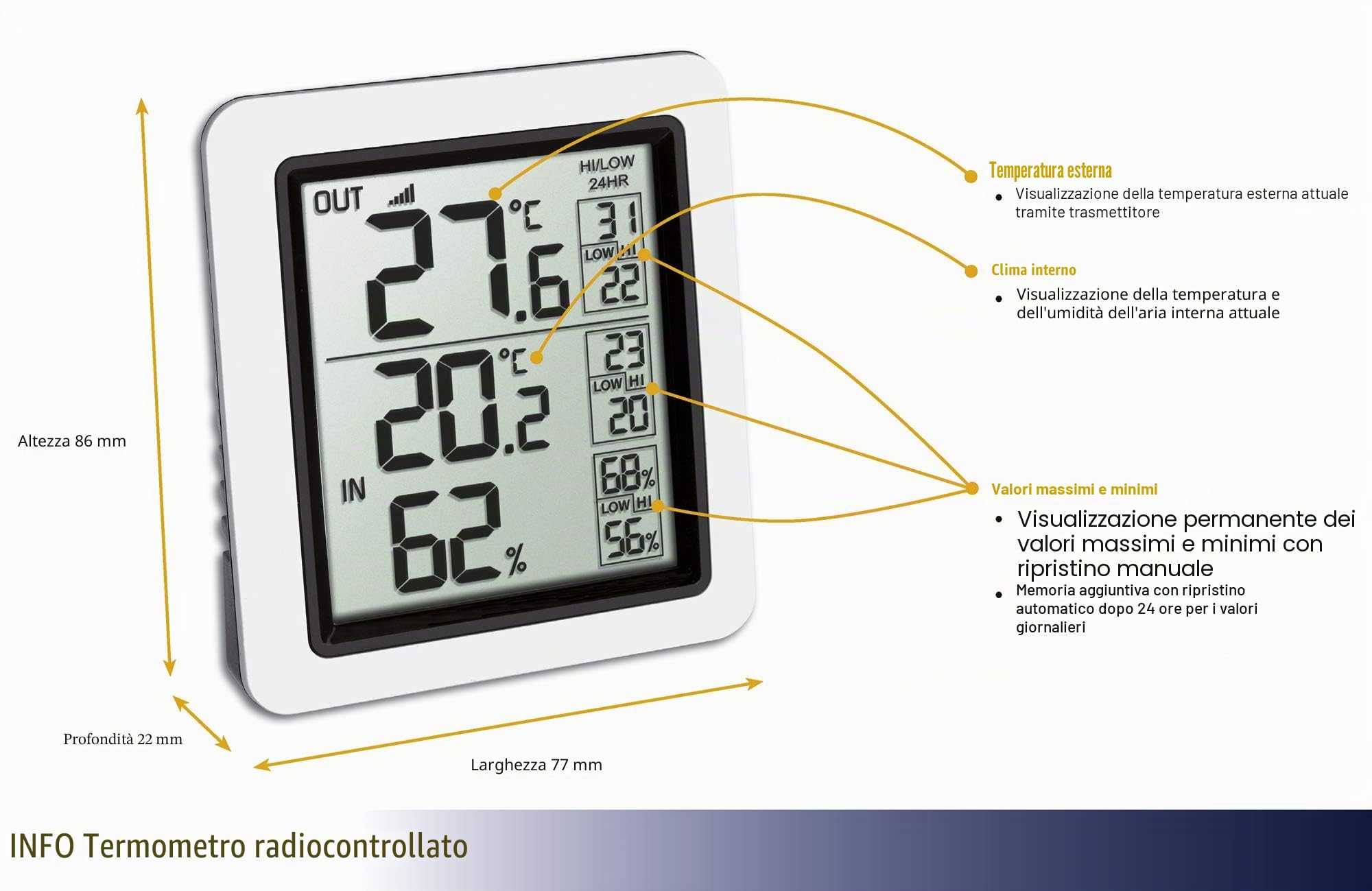 TFA Dostmann INFO termometro radio con sensore esterno, 30.3065.02, temperatura interna ed esterna, visualizzazione valori max. min., controllo del clima ambiente, misuratore di umidità, bianco