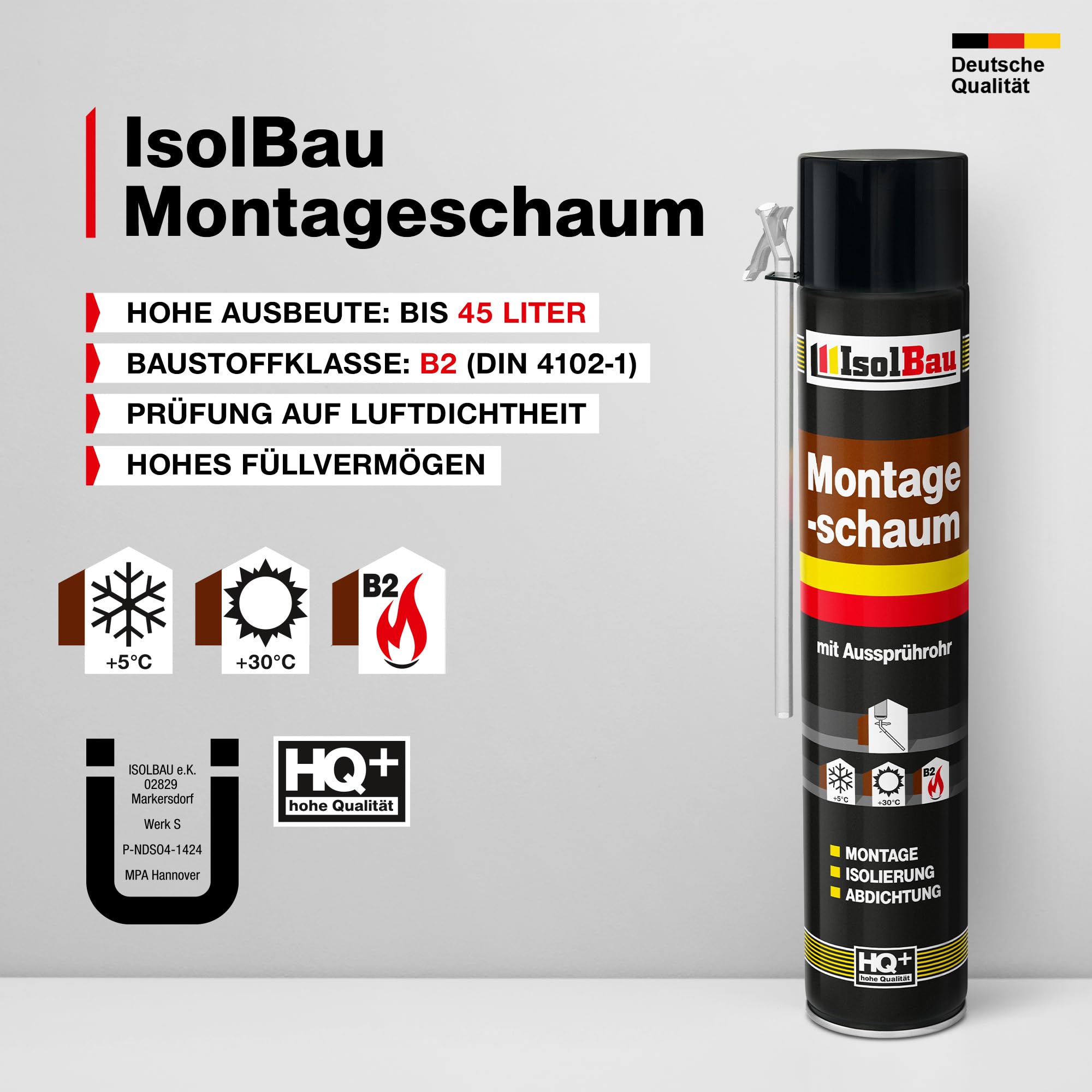 Isolbau Bauschaum B2 Montageschaum mit Aussprührohr - PU-Pistolenschaum Adapterschaum für Montage, Isolierung, Abdichtung, Innen & Außen - 10 x 750 ml