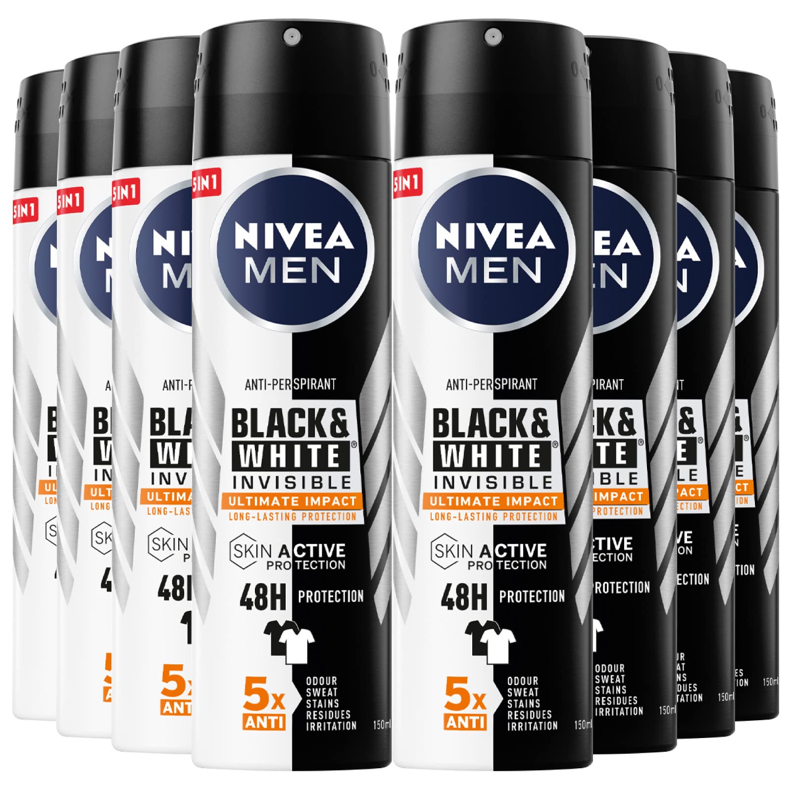 Nivea Men Black & White Invisible Ultimate Impact - Desodorante para hombre en spray antitranspirante 48h SkinActive Protection contra los malos olores, manchas de sudor, residuos, irritaciones – 8