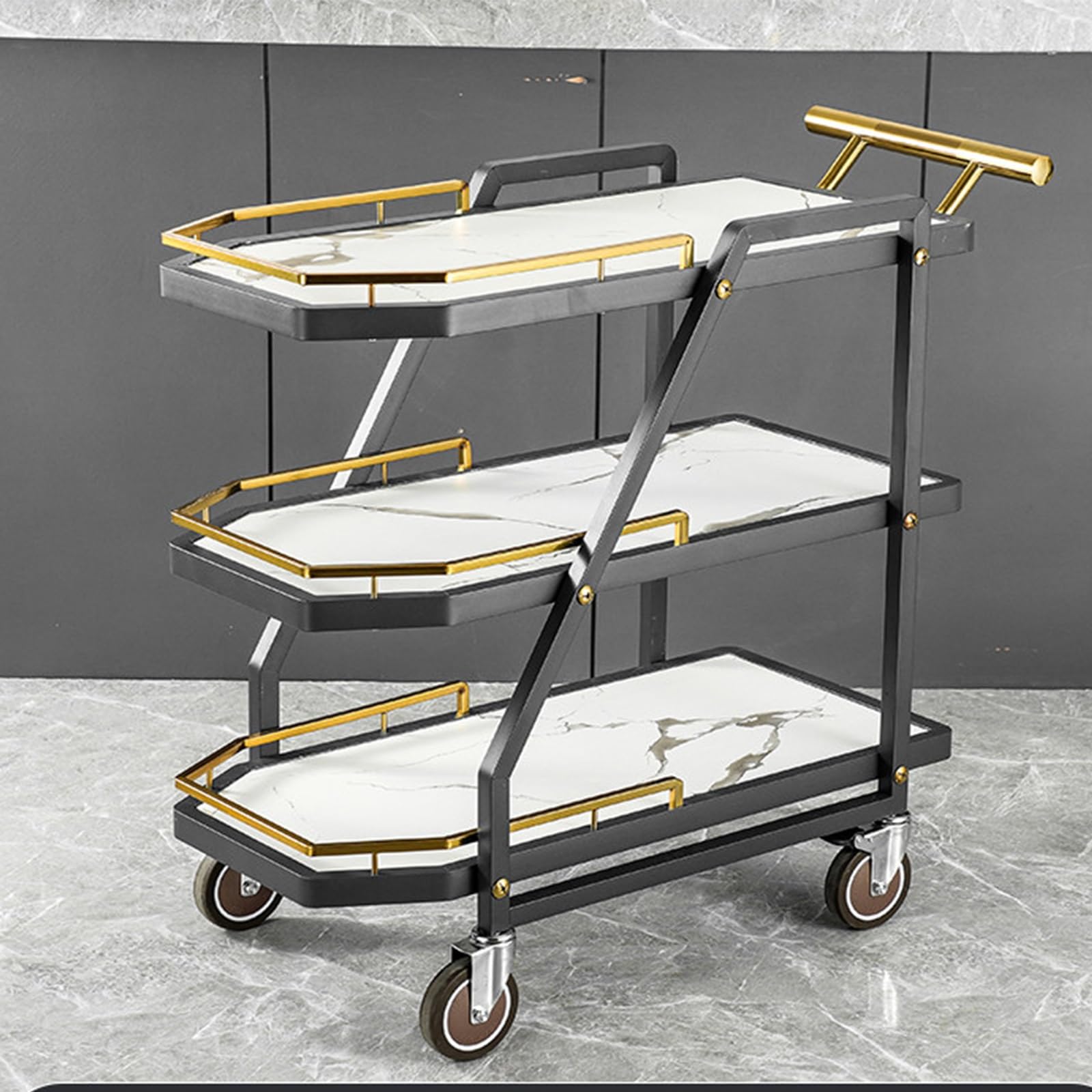 Kiboncy B 3 Tier Rolling Ar Cart With Lockable Wheels & Thickened Handle, Mobile Kitchen Dining Utility Cart For Restaurant Catering Ktv Snack Drinks Storage(B)