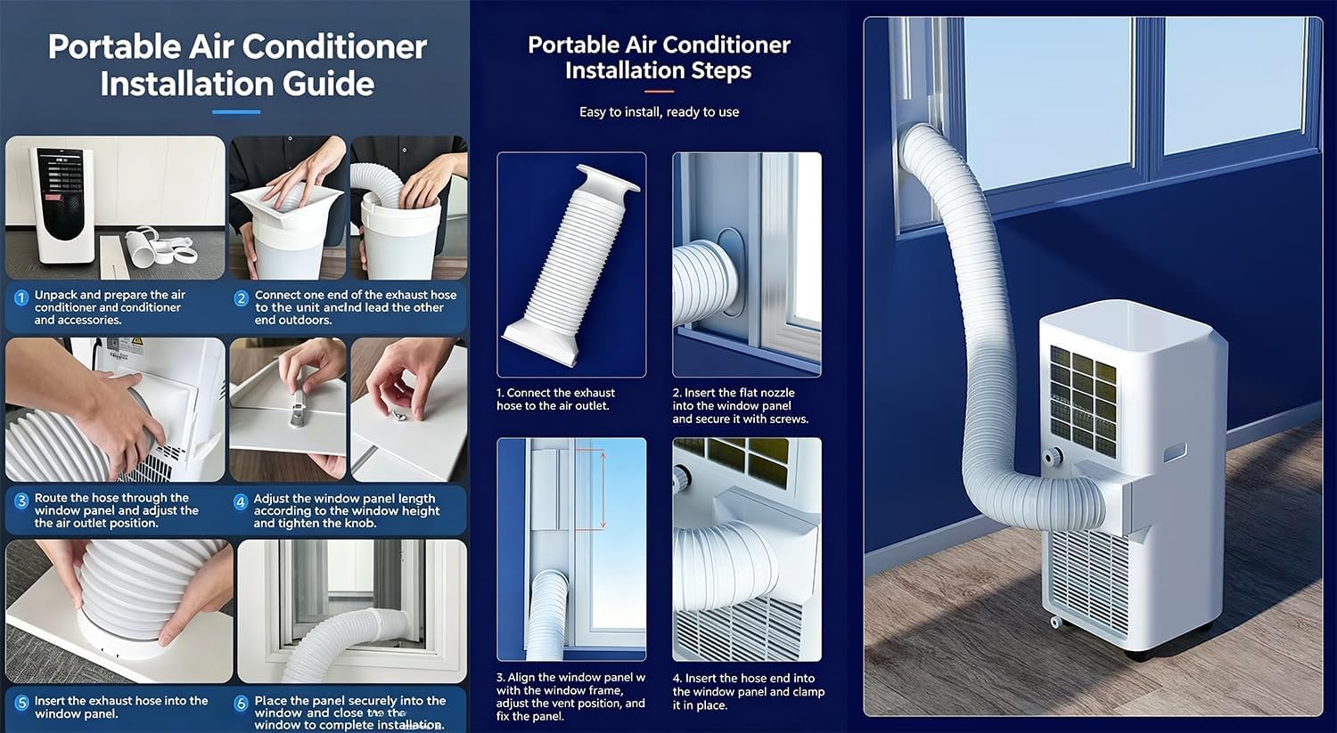 Aire acondicionado portátil para habitaciones grandes, aire acondicionado inteligente con control remoto, enfriamiento rápido, funcionamiento silencioso, deshumidificador, incluye kit de ventana y