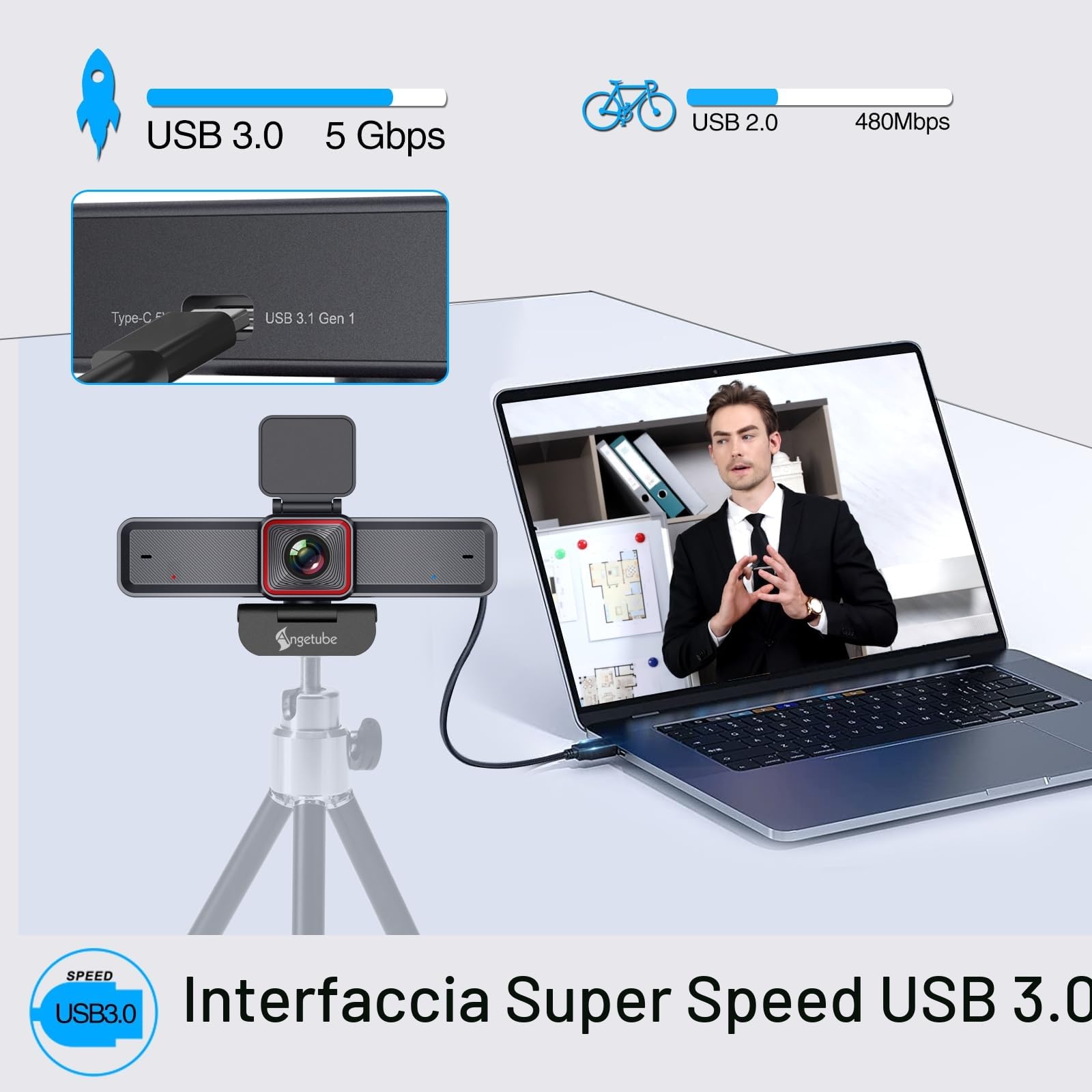 Angetube 4K Streaming Webcam con AI Tracking, HDR, AI doppio microfono con cancellazione del rumore, modalità specializzate Webcam USB 3.0 Ideale per riunioni, conferenze, live Streaming