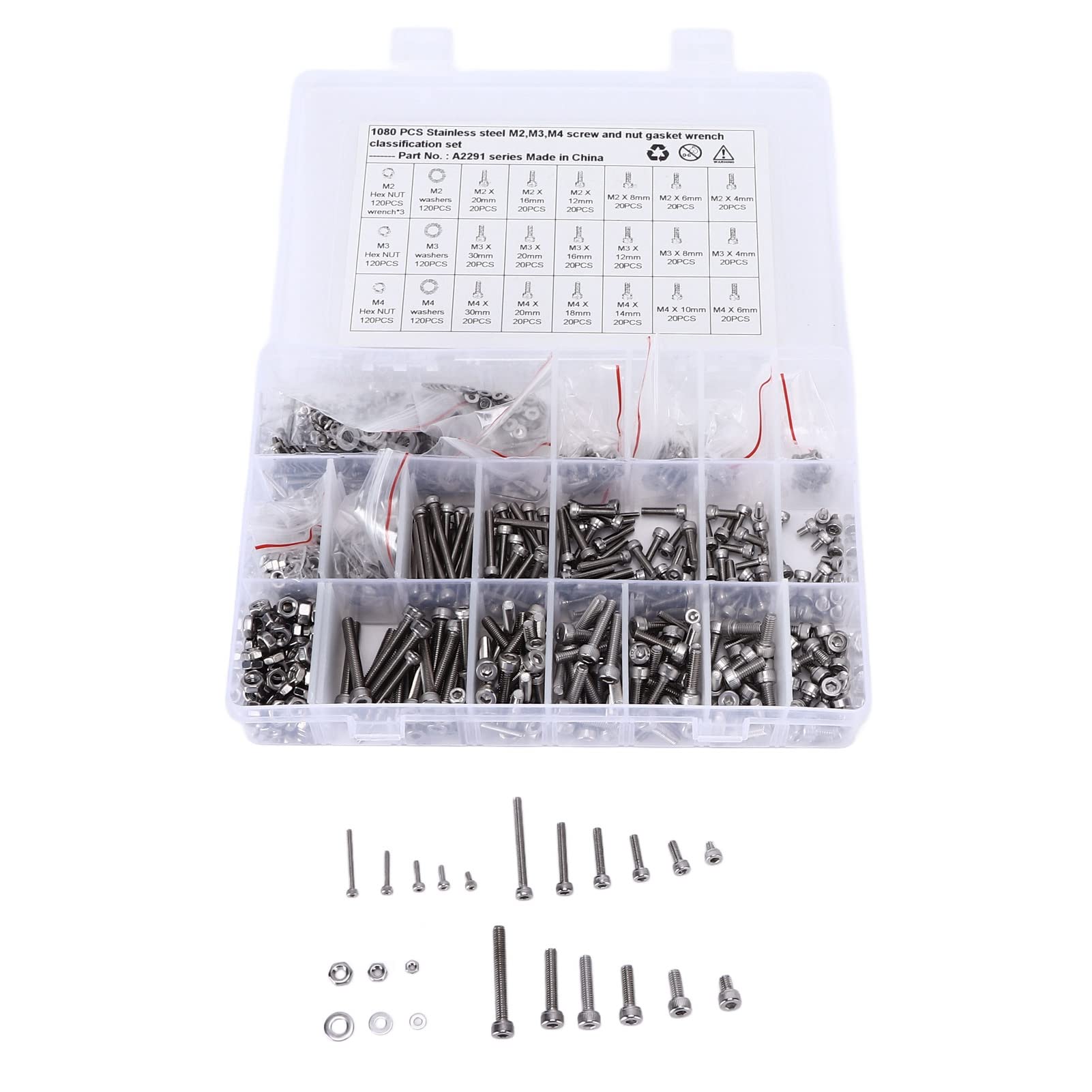 Kit di viti a testa cilindrica con esagono incassato in acciaio inossidabile M2, M3, M4, 1080 pezzi, set di elementi di fissaggio assortiti per auto, camion, navi e macchinari, con