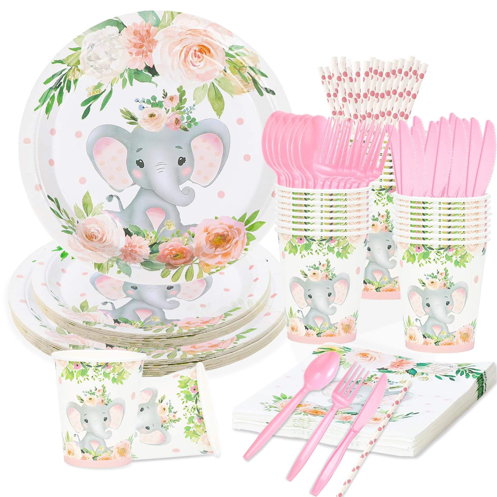 192 Pcs Elephant Baby Shower Plates and Cups and Napkins Sets Serve 24 Guests Pink Elephant Baby Shower Decorations Gender Reveal Themes Party