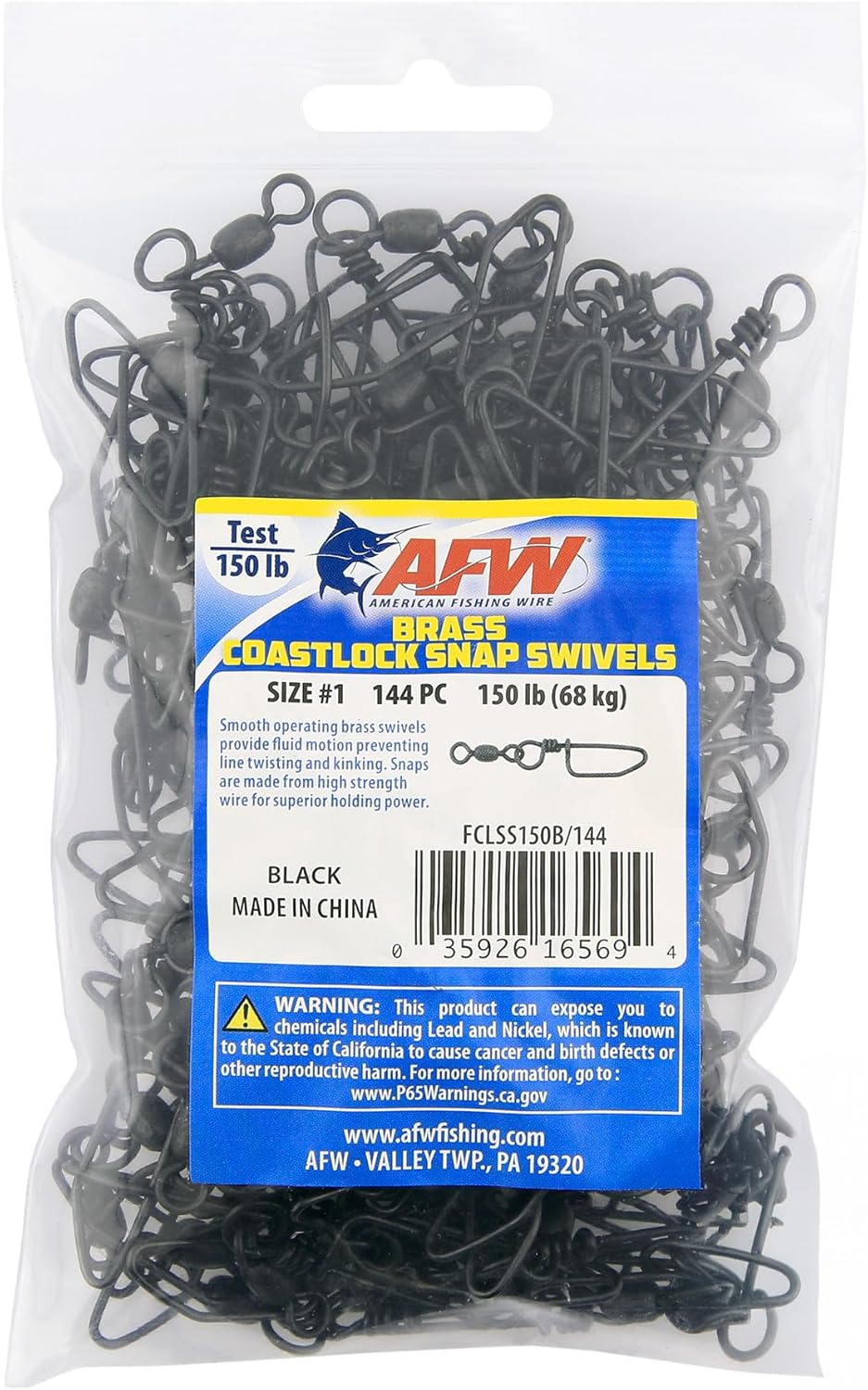 AFW Brass Coastlock Snap Swivels – Durable Fishing Gear with High-Strength Wire Snaps, Black Oxide Finish, Prevents Line Twisting & Kinking, Supports Up to 350 lb Test.