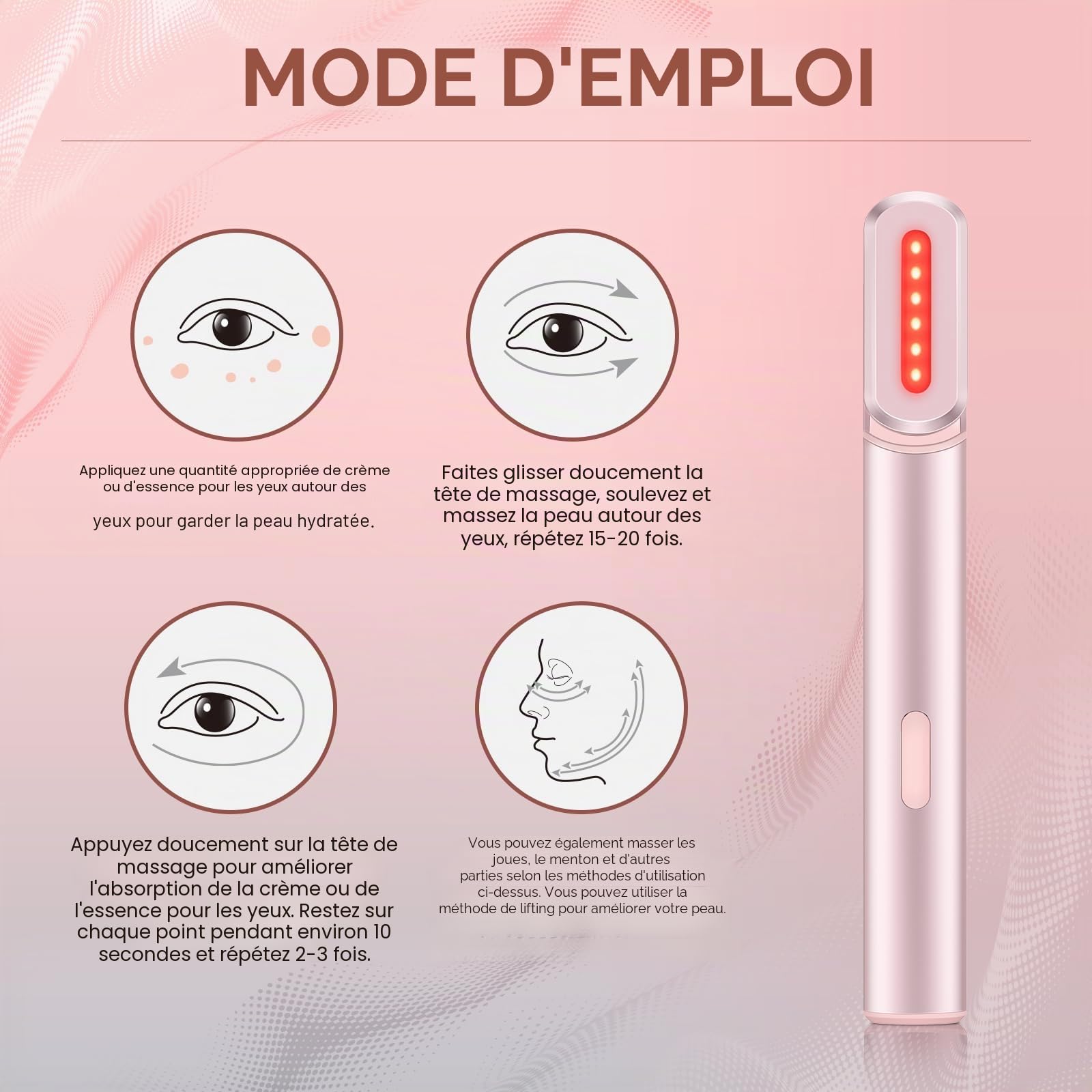 Baguette de luminothérapie 4 en 1, thérapie par lumière rouge pour le visage et le cou – Appareil de massage facial à micro-courant pour anti-âge – Masseur de visage et de soins de la peau