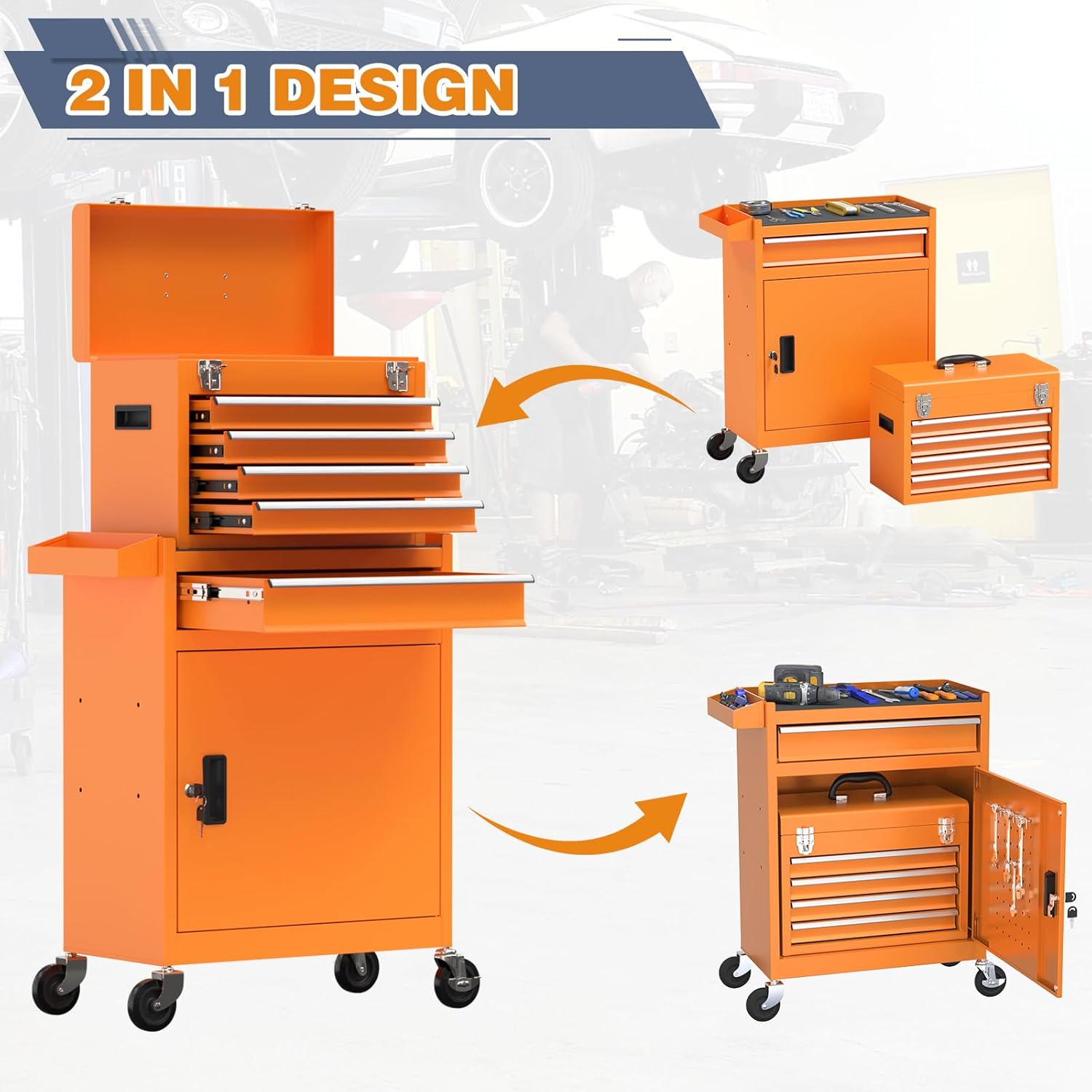 Tool Chest, 5-Drawer Rolling Tool Chest with Detachable Top Box, Tool Box with Wheels, Tool Storage Cabinet for Warehouse, Garage, Workshop Orange