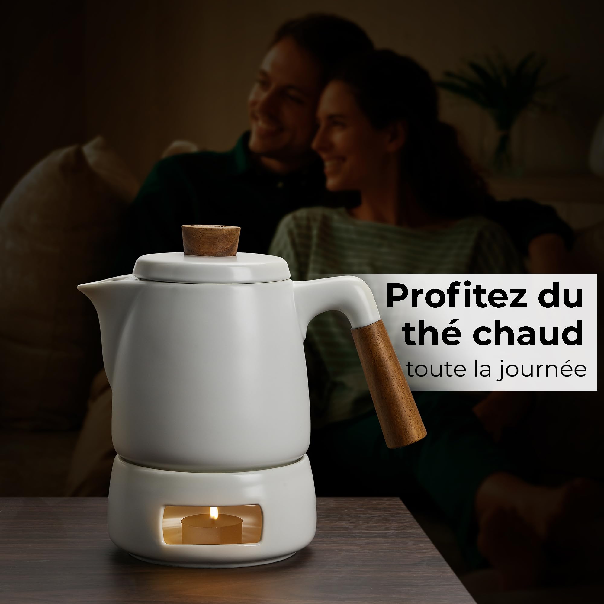 MIAMIO - Ensemble Théière avec Réchauffage / 1L / 1000 ml Bouilloire avec Infuseur pour l'infusion des feuilles de thé en vrac - Cadeau pour les femmes/amateurs de thé (Blanc)