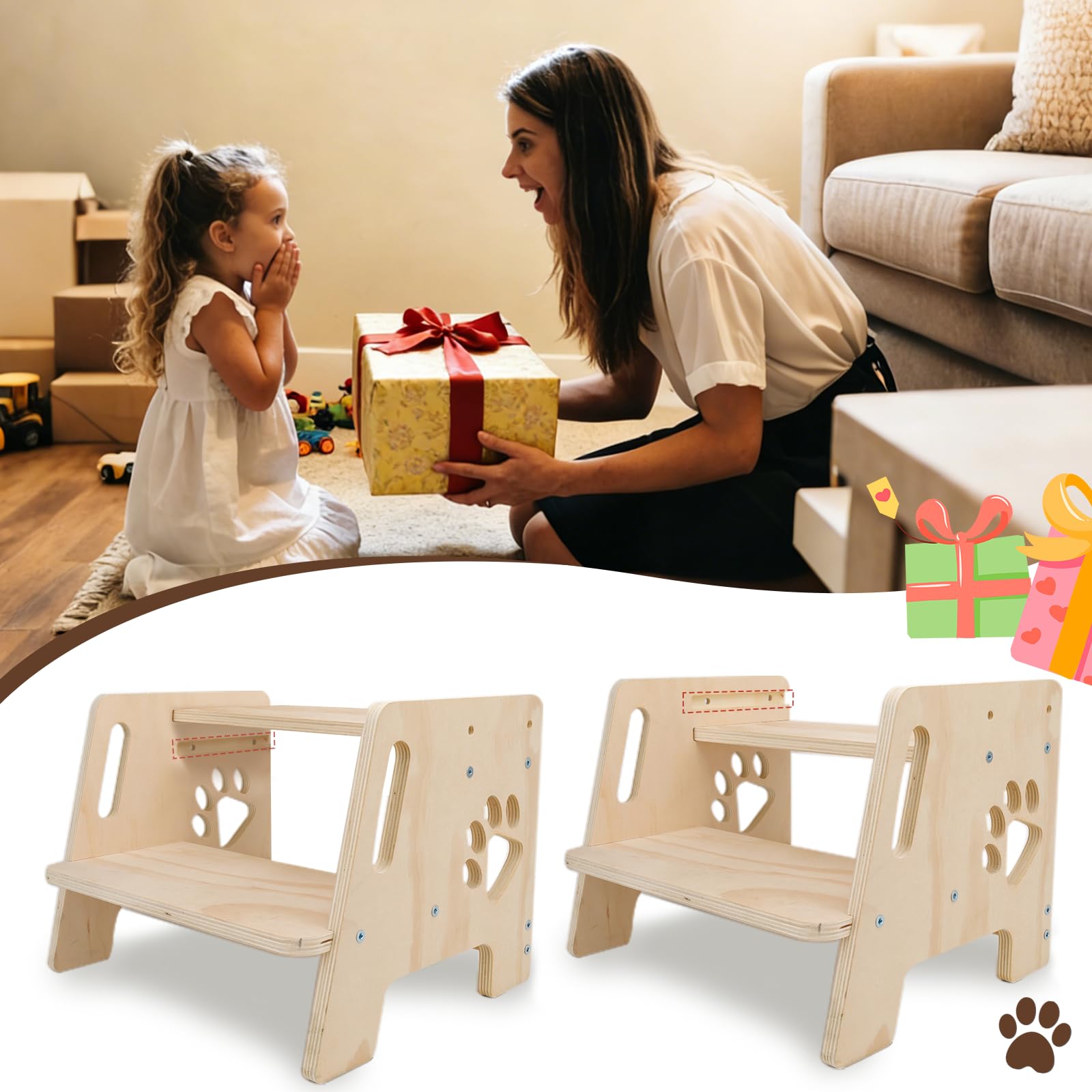 Marchepied pour Enfant Antidérapant Marche Pied Bois 2 Marches Stable Marche Pied Enfant Charge Maximale 180kg Portables Tabouret Enfant pour Salle de Bain Cuisine Toilettes Chambre (Naturel)